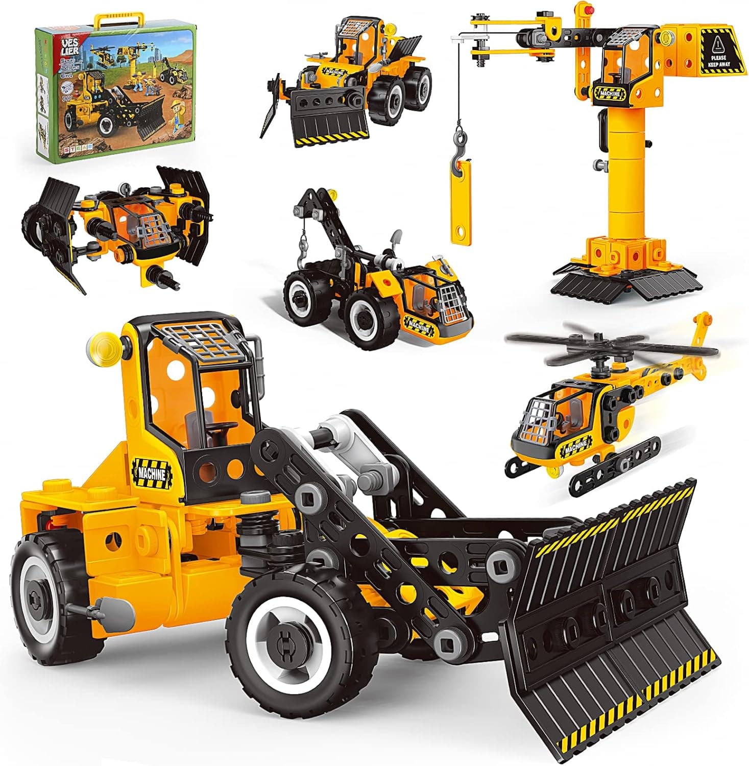 STEM Toys for 5 6 7 8 Years Old Boys, Learning Toy Can Building Construction Bulldozer Truck Tower Crane Helicopter Snowplow Space Ship, Engineering Vehicle for Kids Birthday Gift Age 4-8 Boys