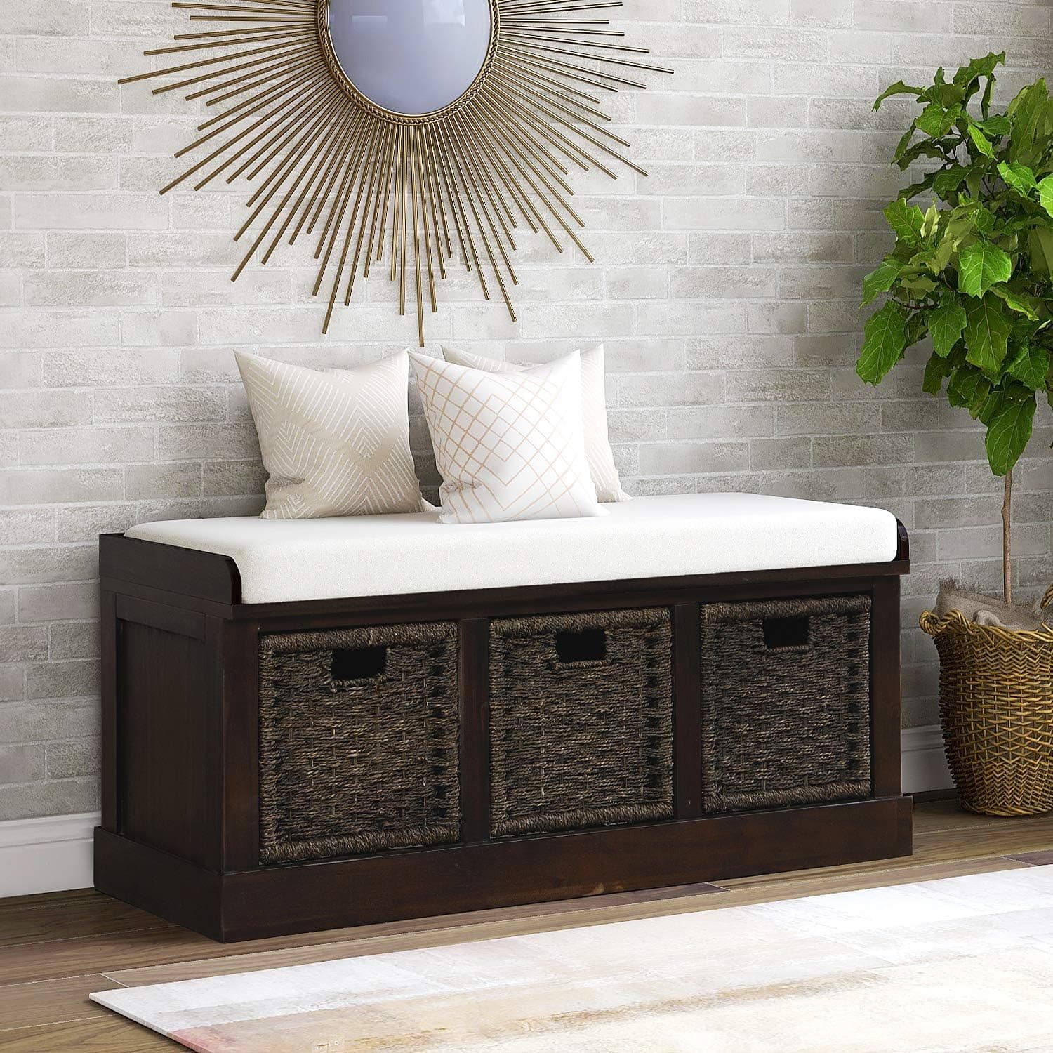Merax Entryway Storage Bench Rustic Storage Bench with 3 Removable Basket, Shoe Bench Storage Bench with Removable Cushion for Living Room, Entryway, Hallway (White)