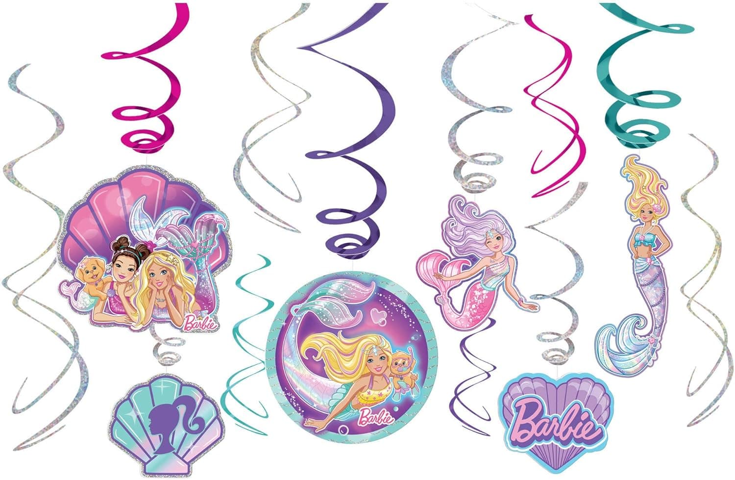 Amscan 672358 Barbie Mermaid Iridescent and Foil Swirl Party Decorations, 12 Ct. 5"