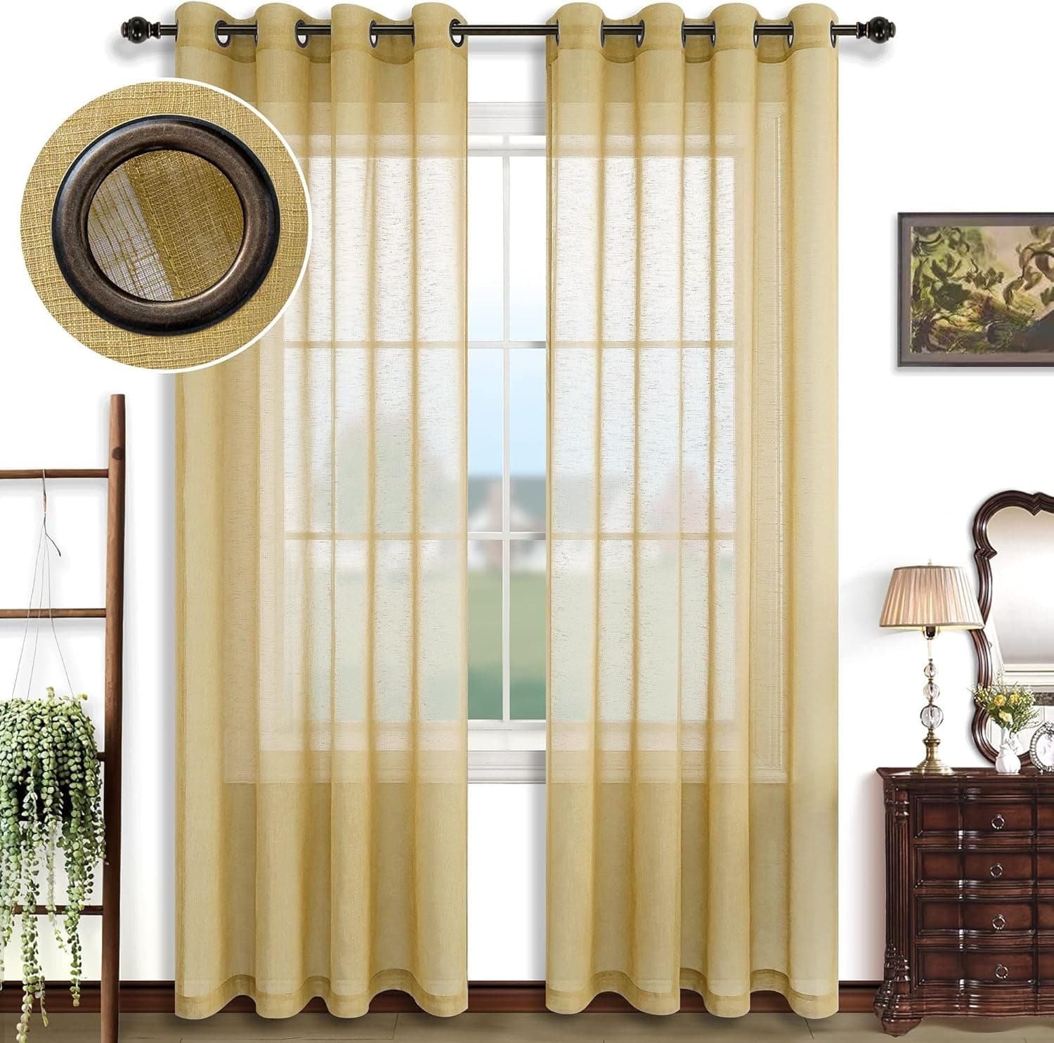 KOUFALL Luxury Curtains for Living Room Antique Grommet Linen Textured Sheer Window Draperies for Bedroom 96 Inches Long Gold