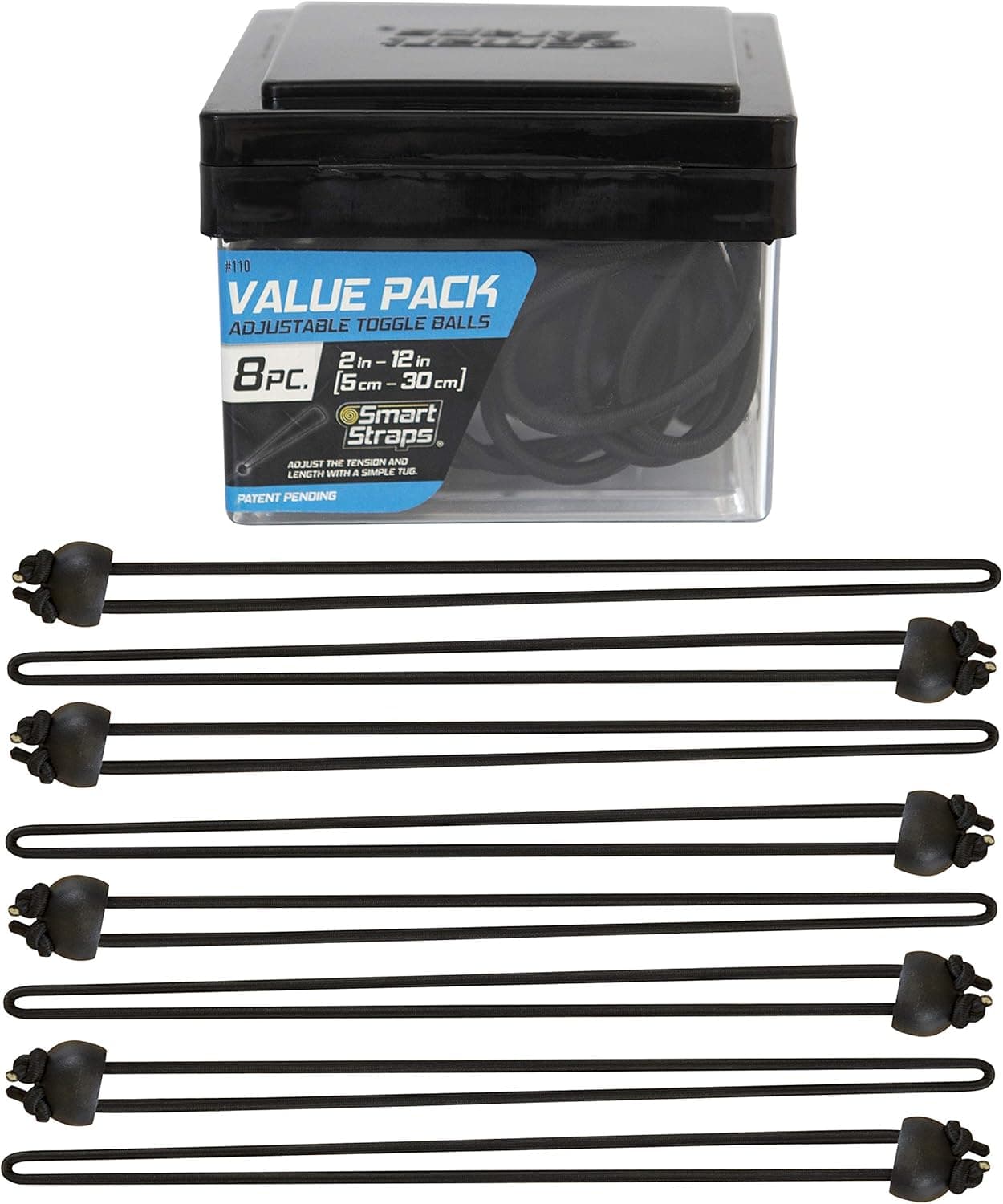 SmartStraps Adjustable Toggle Ball Bungee Cord, Adjust Tension And Length From 2-12” – Great To Keep In Your Car, Boat And Workshop (pack of 8)