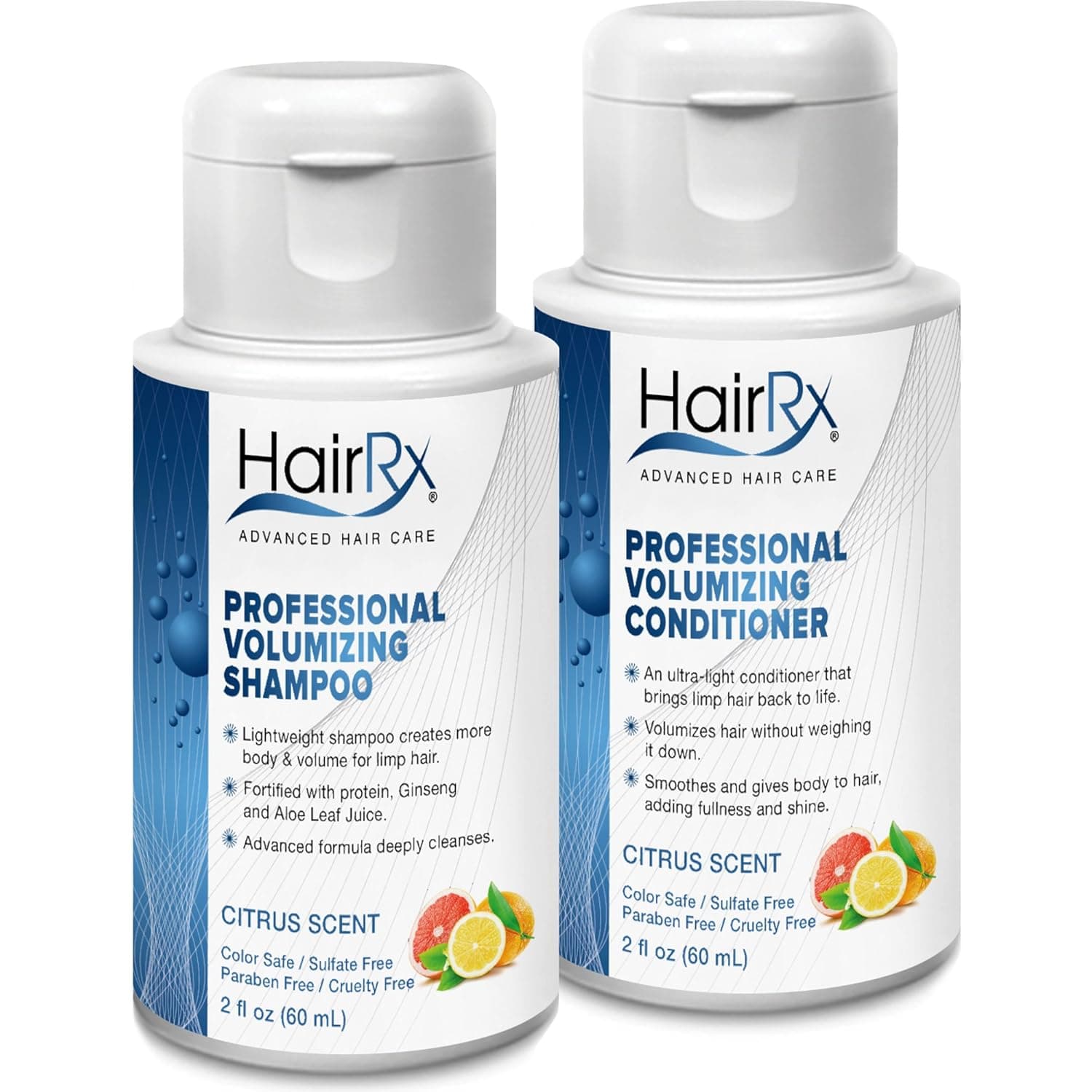 HairRx Professional Volumizing Shampoo & Conditioner Travel Set, Light Lather, Citrus Scent, 2 Ounce Bottles