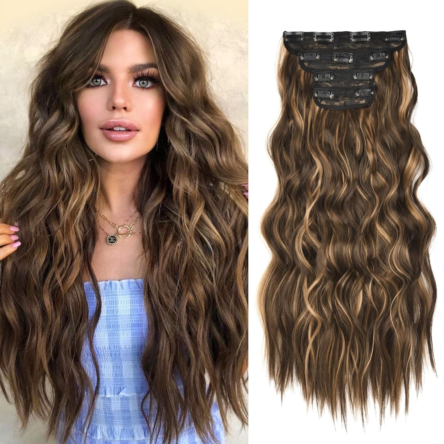 REECHO Hair Extensions, 4PCS Clip in Hair Extensions Natural Soft Synthetic Hairpieces for Women, Brown with Honey Blonde Highlights