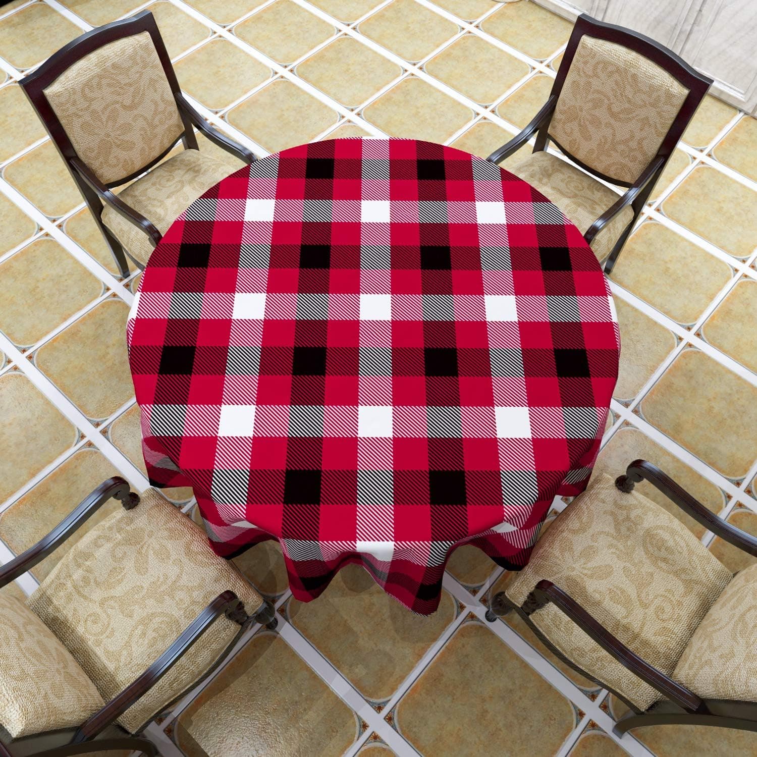 VVA Round Tablecloth - Christmas Checker Pattern, Retro Buffalo Gingham Style - Round Table Cover for Dining Rooms and Kitchens, Indoor and Outdoor Picnic Events - 50 Inch Red Black White