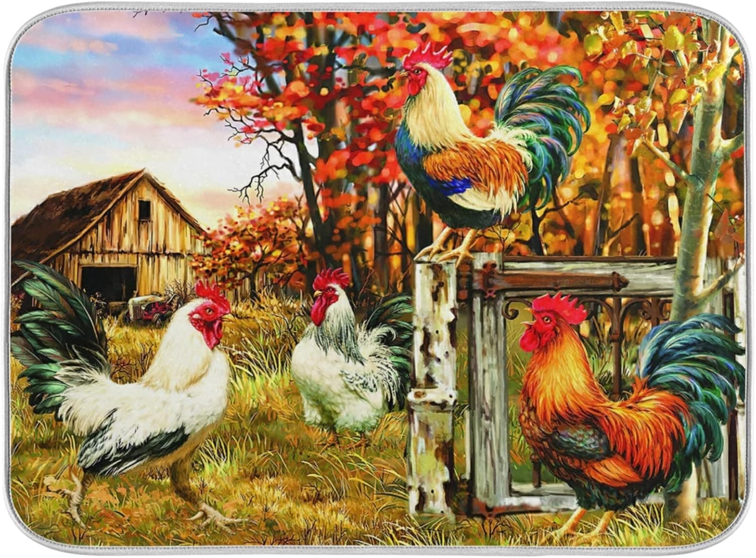 Mr.Brilliant Rooster Dish Drying Mat for Kitchen Counter Farmhouse Animal Oil Painting Dishes Mats Absorbent, Heat Resistant, Washable for Home Cleaning Decor 18x24 in 2060507