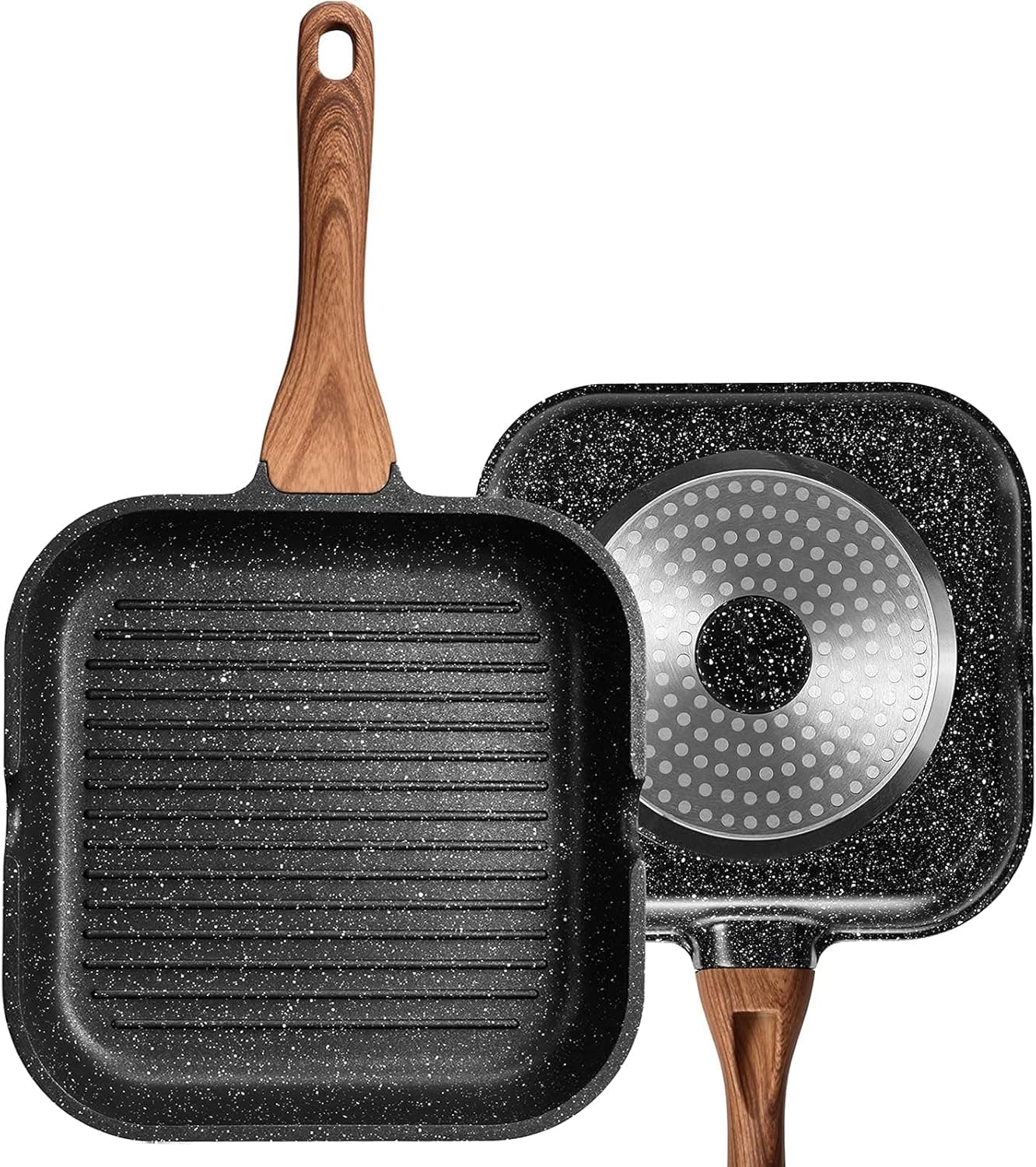 ESLITE LIFE Nonstick Grill Pan for Stove Tops, 9.5 Inch Granite Coating Square Grill Skillet with Pour Spouts, Compatible with All Stovetops (Gas, Electric & Induction), PFOA Free