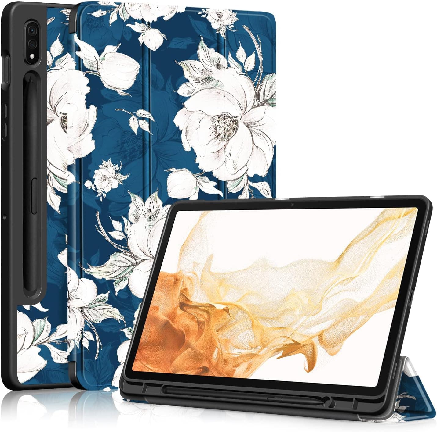 BOZHUORUI Case for Samsung Galaxy Tab S8 and Galaxy Tab S7 Tablet (11 Inch,SM-X700/SM-X706/SM-T870/SM-T875/SM-T878) - Tri-Fold Stand TPU Soft Shell Cover with Auto Sleep/Wake (Blue Peony)