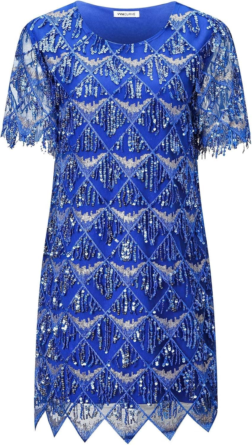 VVMCURVE Women's Sequin Fringe 1920 Short Prom Dress Sequins Art Deco Cocktail Gatsby Party Dress with Short Sleeve