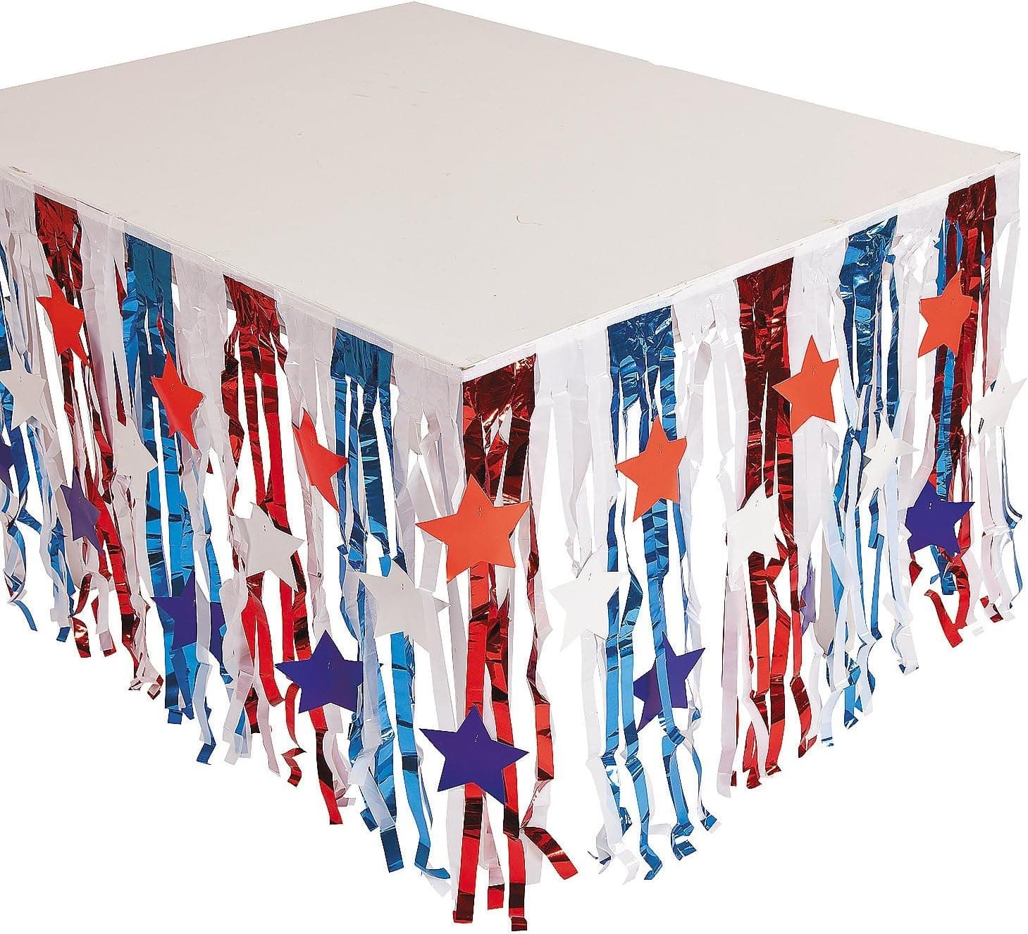 Fun Express Foil Patriotic Fringe Table Skirt with Star Cutouts - 4th of July Independance Day Party Supply