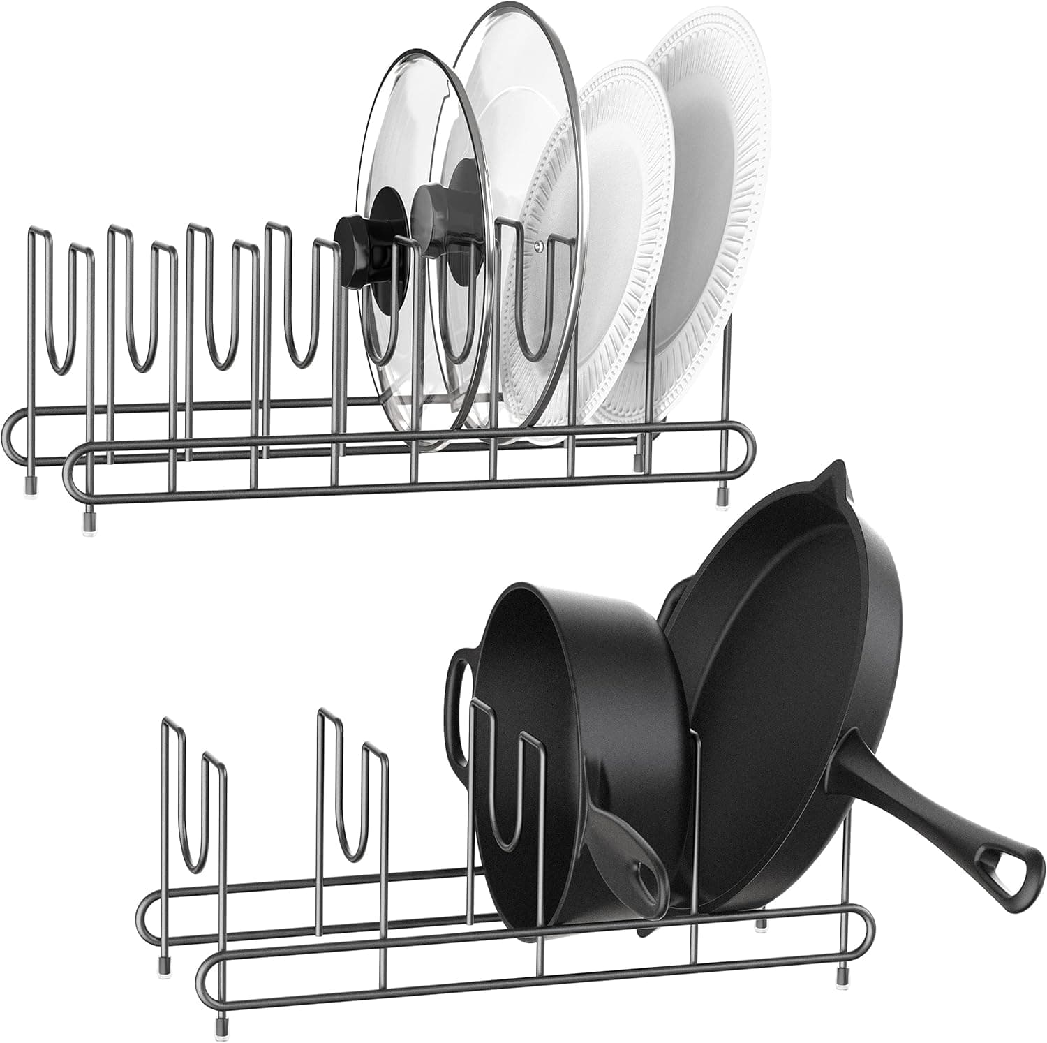 [Pack of 2] Pan Lid Organizer, Pan Organizer for Kitchen Inside Cabinet, Lid organizer for the pots and pans, Plates Holder Organizer for the Lid, Dish, Baking Pan, Chopping Board on Countertop (Black)