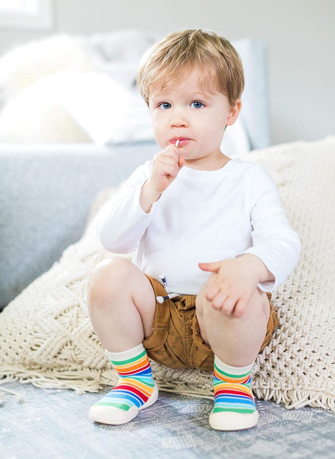 Nuby Snekz Comfortable Rubber Sole Sock Shoes for First Steps- Multi Color Stripes, Large