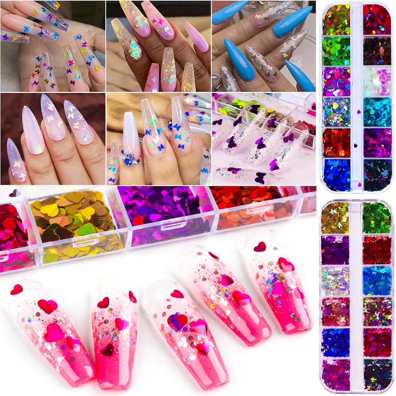 Butterfly / Loveheart 3D Nail Art Stickers Glitter Sequins, 24Grids Holographic Nail Art Stickers Decals, Nail Art Makeup DIY Decals Decoration.