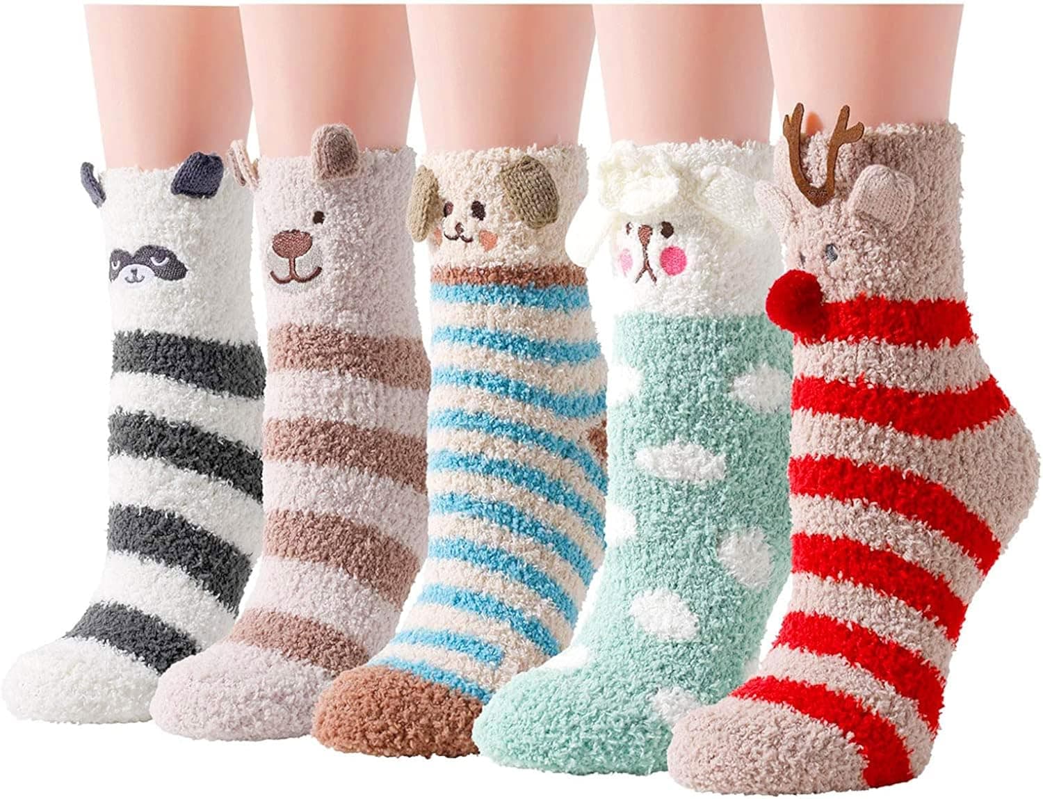 Zmart Fuzzy Animal Love Heart Pattern Socks for Women Girls Colorful Indoors Striped Fluffy Slipper Socks