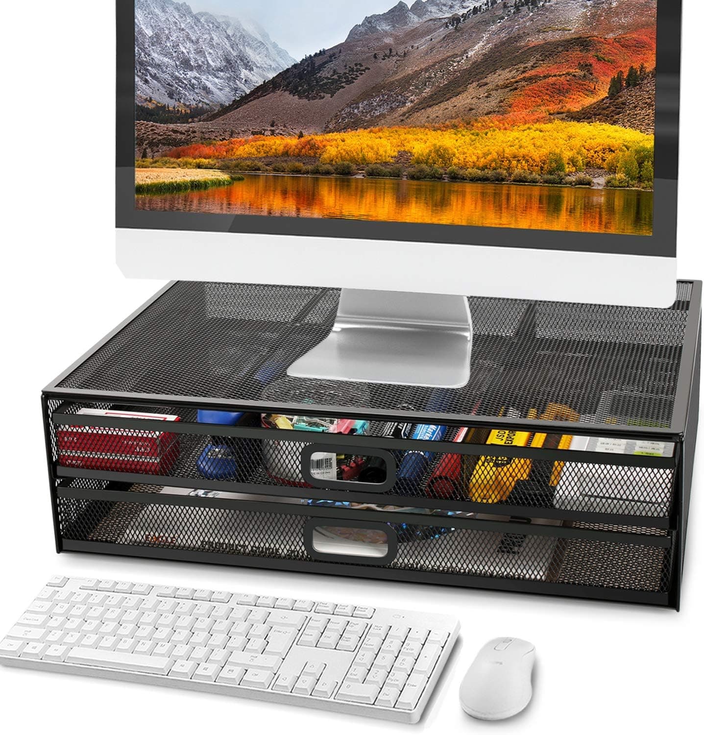 Monitor Stand Riser with Dual Pull Out Storage Drawer - Metal Mesh Desk Organizer with Drawer, Drawer, Office Supply for Computer, PC, Laptop, Printer, Notebook, iMac