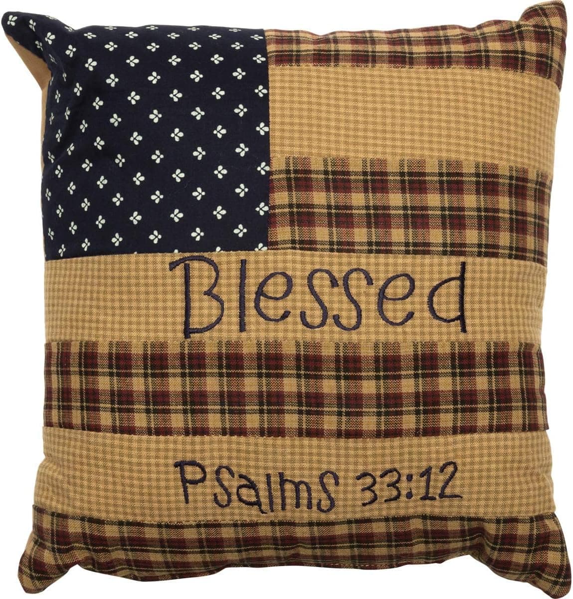VHC Brands Patriotic Patch Pillow Blessed 10x10 Country Bedding Accessory, Deep Red and Navy