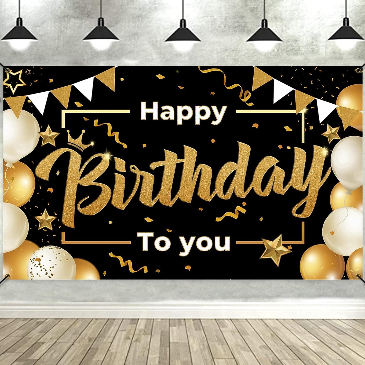 Bunny Chorus Happy Birthday Backdrop Banner Decorations for Men Women, Black Gold 73" x 43" Balloons Birthday Signs Decor for Party Supplies