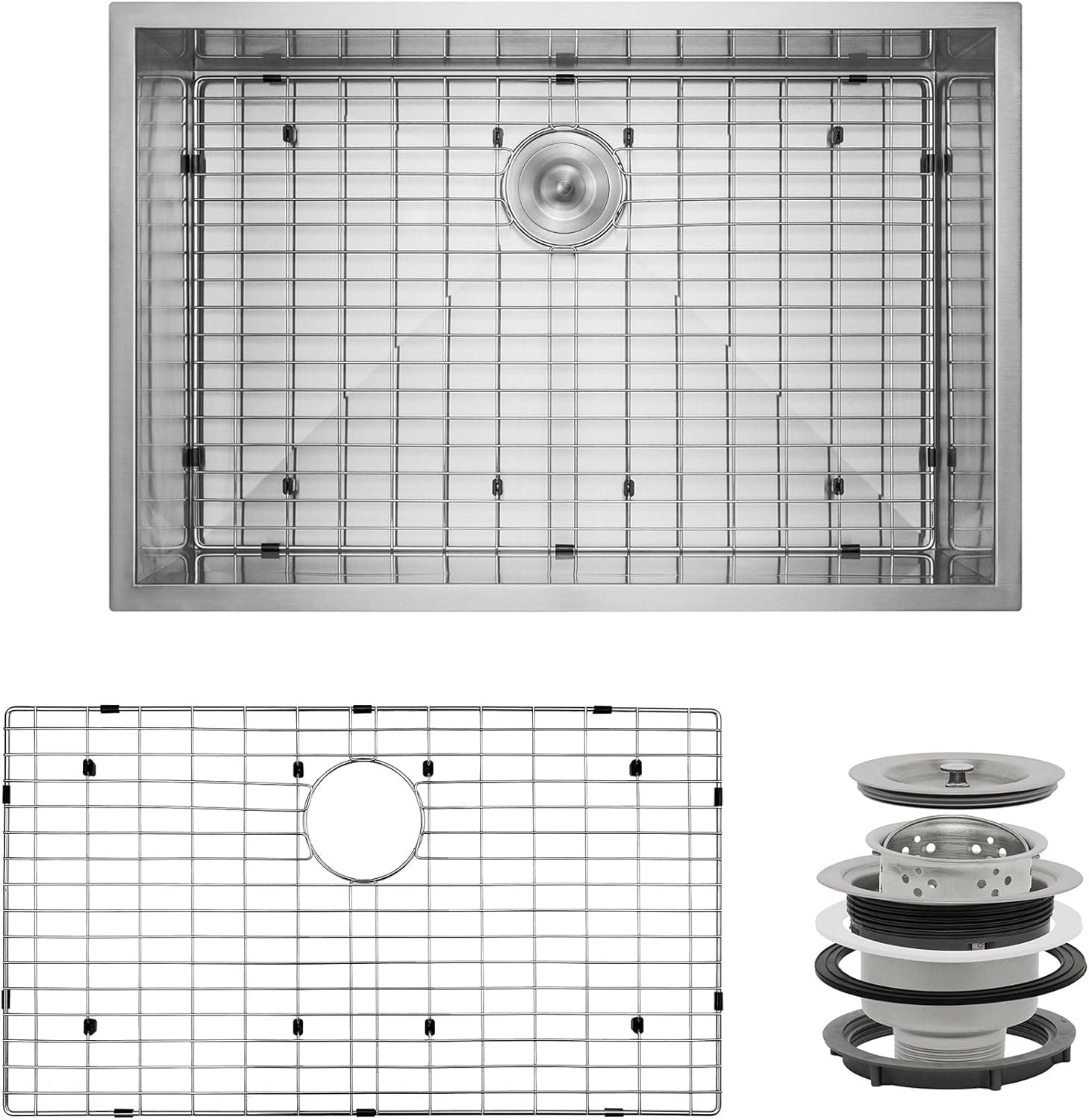 Perfetto Kitchen and Bath 33" x 22" x 9" Handmade 18 Gauge Stainless Steel Undermount Single Basin Kitchen Sink w/ Dish Grid & Drain