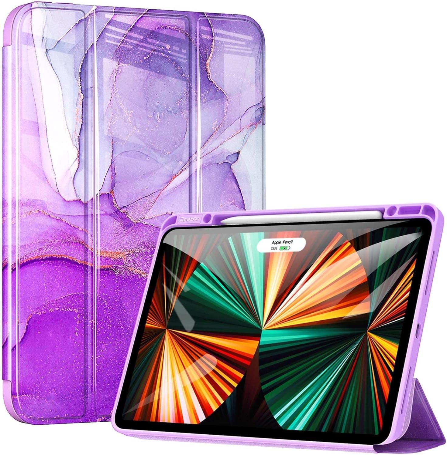 Ztotop Case for New iPad Pro 12.9 2021 Inch 5th Generation with Pencil Holder (Marble Purple)