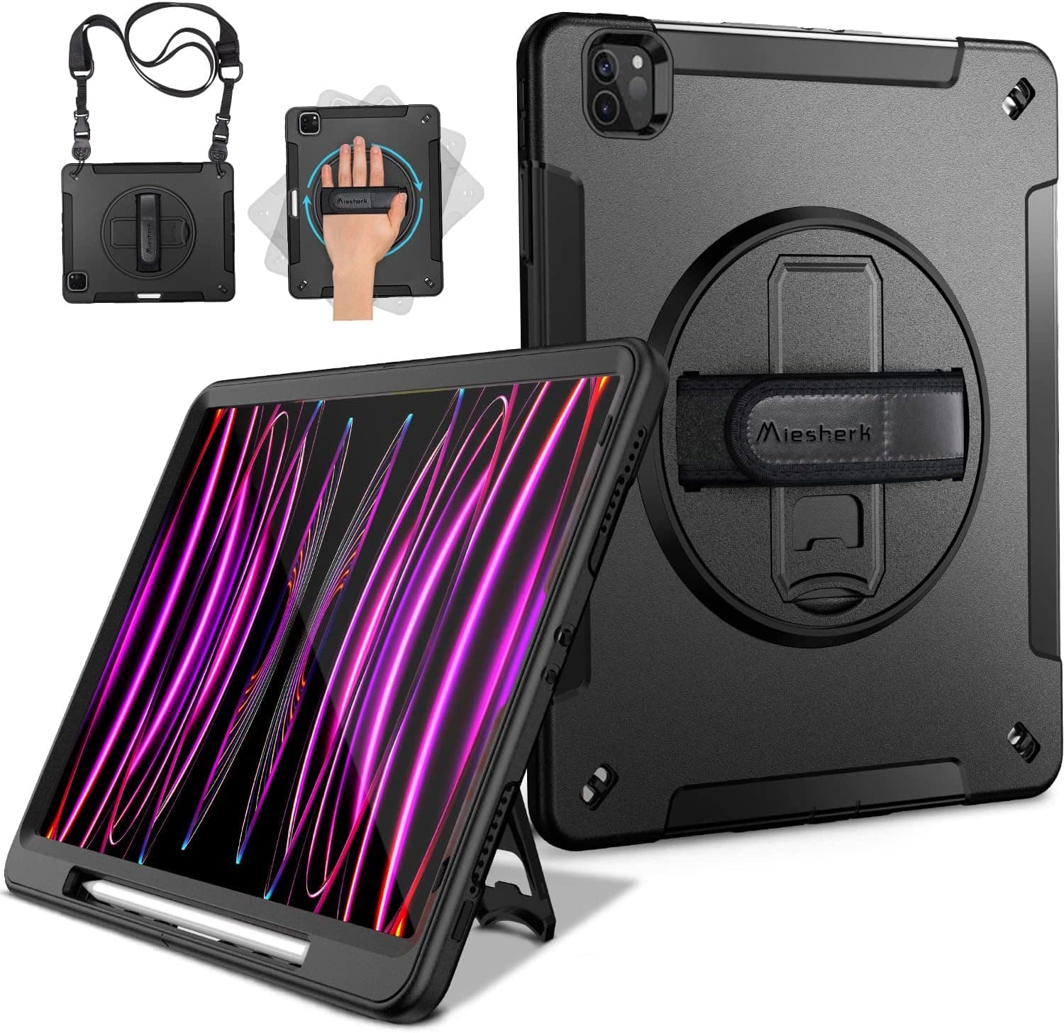 Miesherk iPad Pro 12.9 Case 2022/2021: Military Grade Heavy Duty Shockproof Cover for iPad Pro 12.9 Inch 6th/5th Generation- Pencil Holder - Rotating Stand - Hand/Shoulder Strap - Black