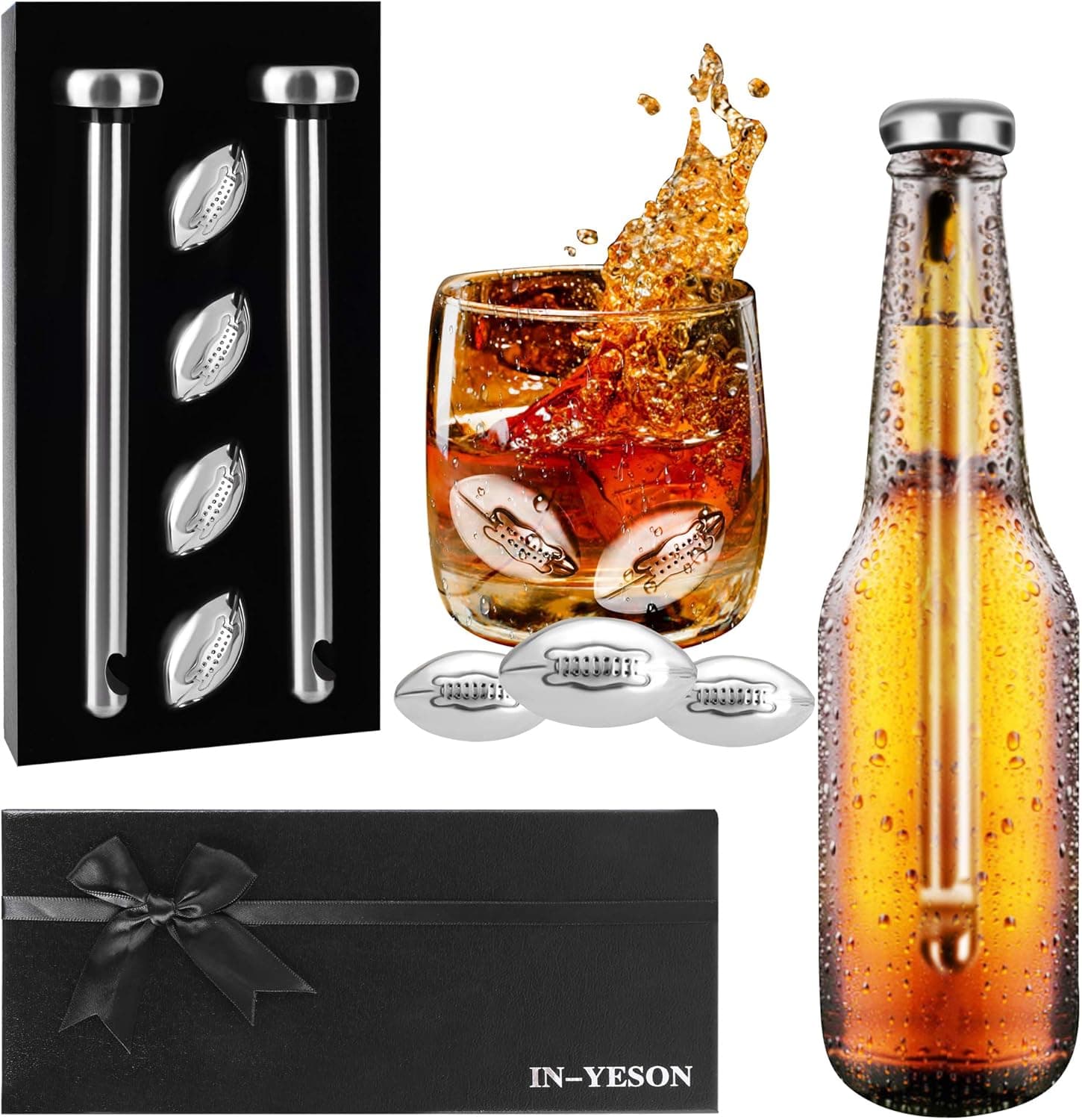 Beer Chiller Sticks For Bottles With Stainless Steel Large Whisky Football Stones, Beer Cooler Mens Gift Set
