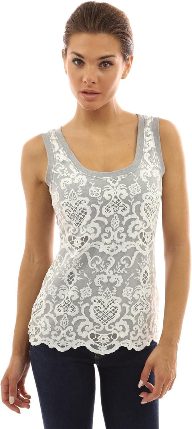 PattyBoutik Women Crochet Lace Overlay Tank Top (Gray and White Small)