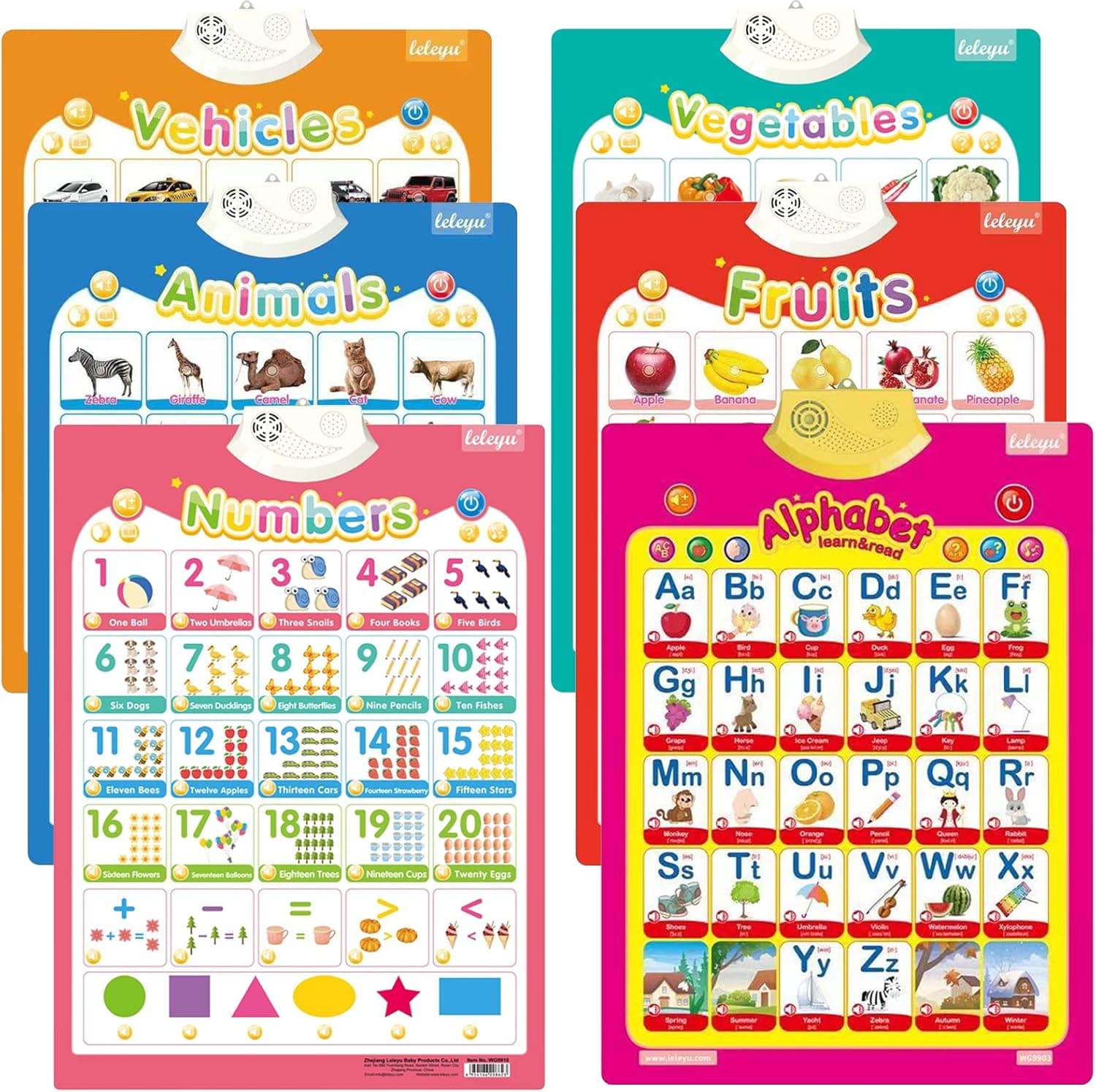 6Pcs Electronic Interactive Alphabet Wall Chart for Kids, ABC Learning for Toddlers,Learning Toys for Toddlers, Talking ABC,123s,Animal,Fruits,Vehicles & Vegetables Poster,Preschool Gifts for Kids