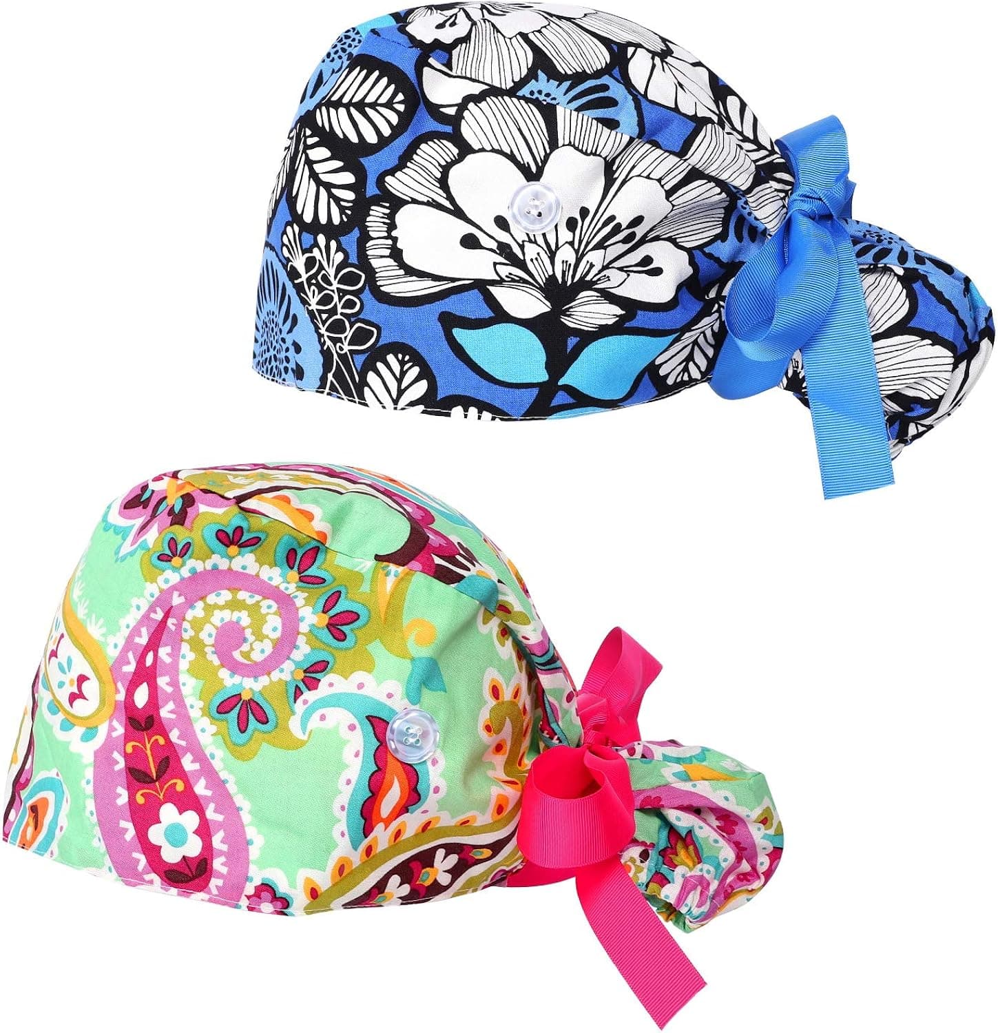 Fassave 2Pcs Working Cap with Buttons and Ribbon Tie, Adjustable Ponytail Hats with Sweatband Long Hair for Women