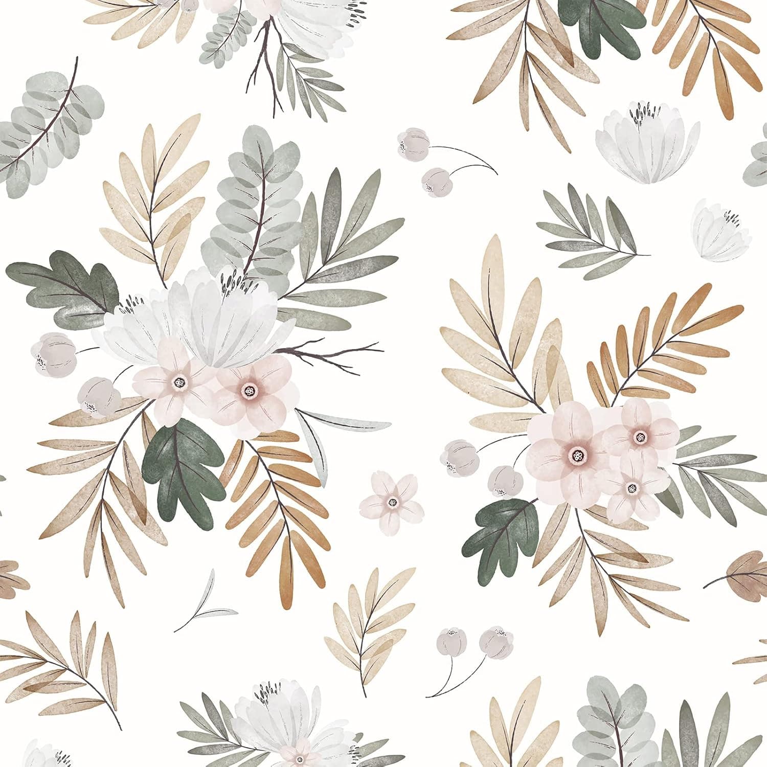 JiffDiff Boho Wallpaper Peel and Stick Watercolor Autumn Flowers Wallpaper Honey Wheat Watercolor Leaf Wallpaper White Removable Wallpaper Wall Decor 17.32" x 118.11"