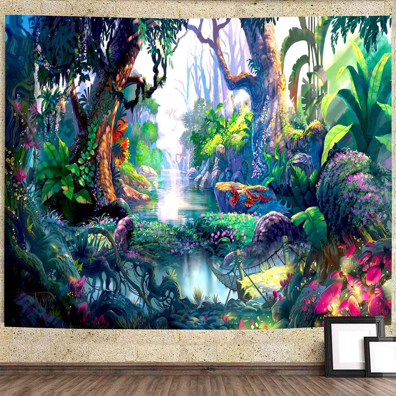DBLLF Fairy Tale Forest Tapestry Fantasy Nature Green Tropical Jungle River Floral Tapestry, Enchanted World Tapestries, 100 x 90 Inches Giant Tapestry, Flannel Art Tapestry GTYYDB2932