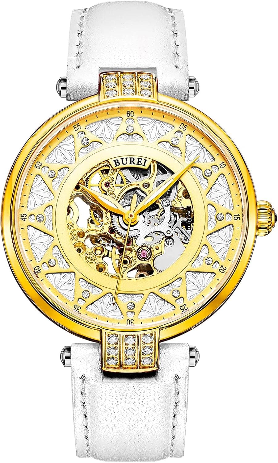 BUREI Elegant Women Skeleton Automatic Mechanical Watch Sapphire Glass Rhinestone Markers and Soft Leather Strap