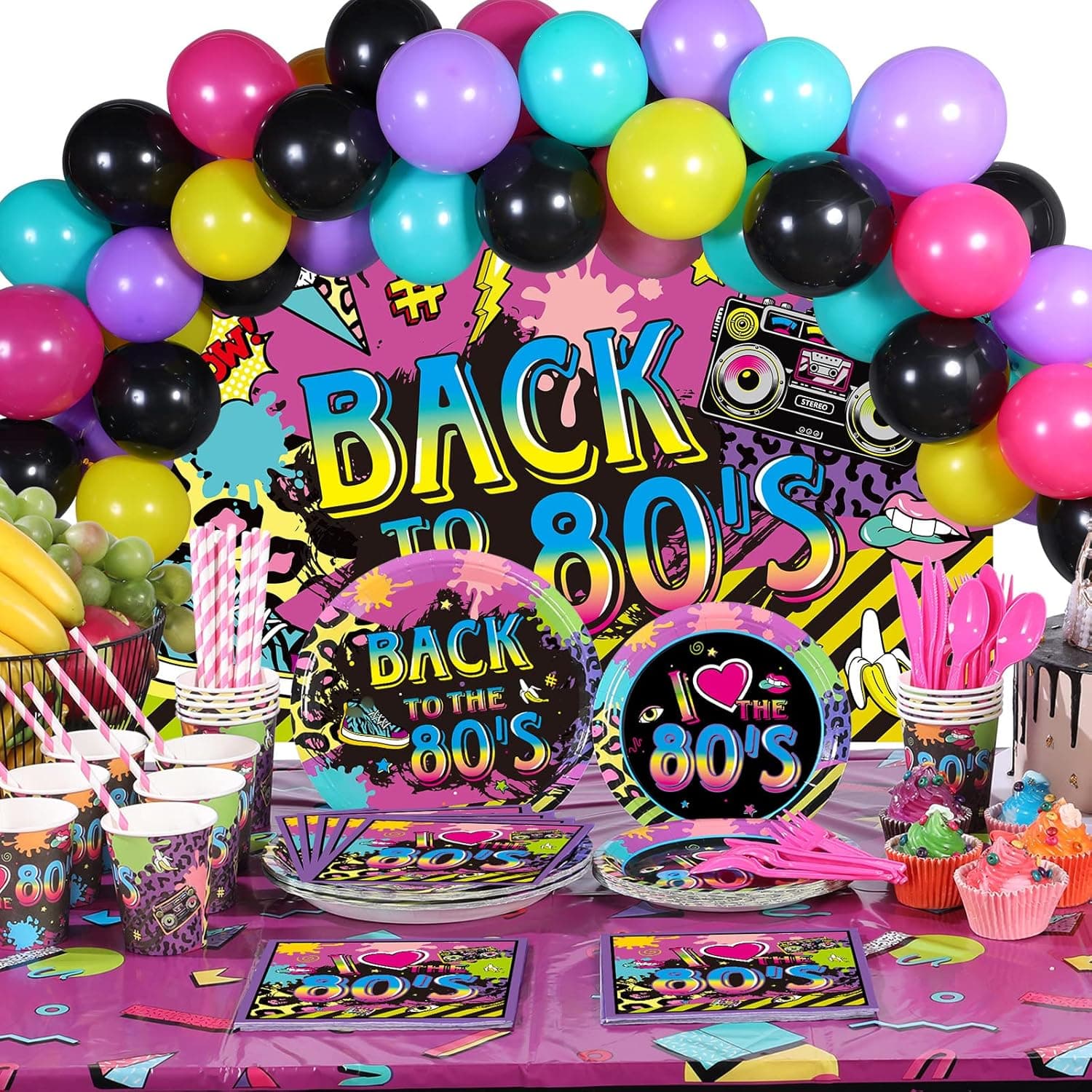 176 Pieces 80's Party Supplies Retro 1980s Theme Decorations Back to The 80s Backdrop Banner Funky Table Cover Tableware Balloons Sets for Hip Pop Birthday Party Bundle, Serves 16 Guests