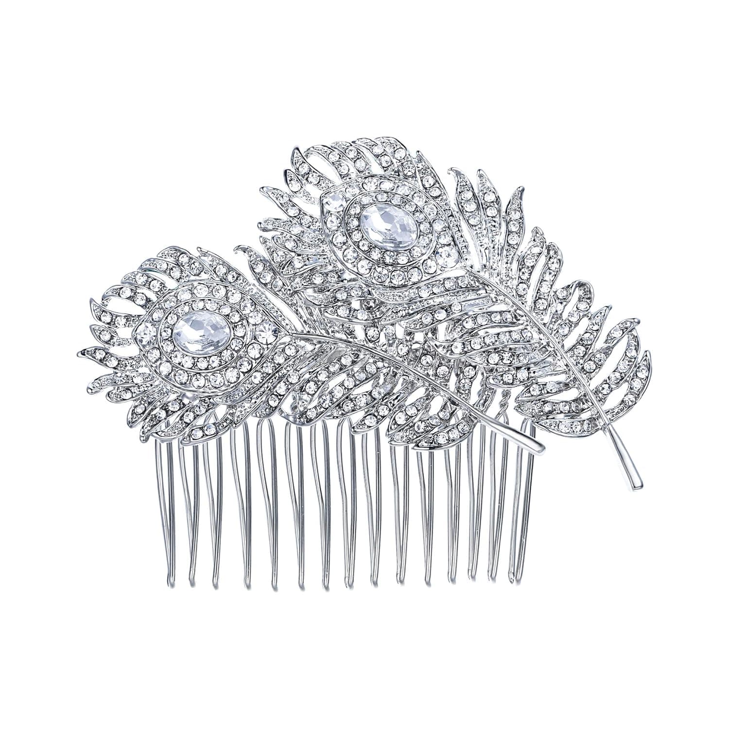 EVER FAITH Women's Austrian Crystal Wedding Elegant 2 Peacock Feather Hair Comb Clear Silver-Tone