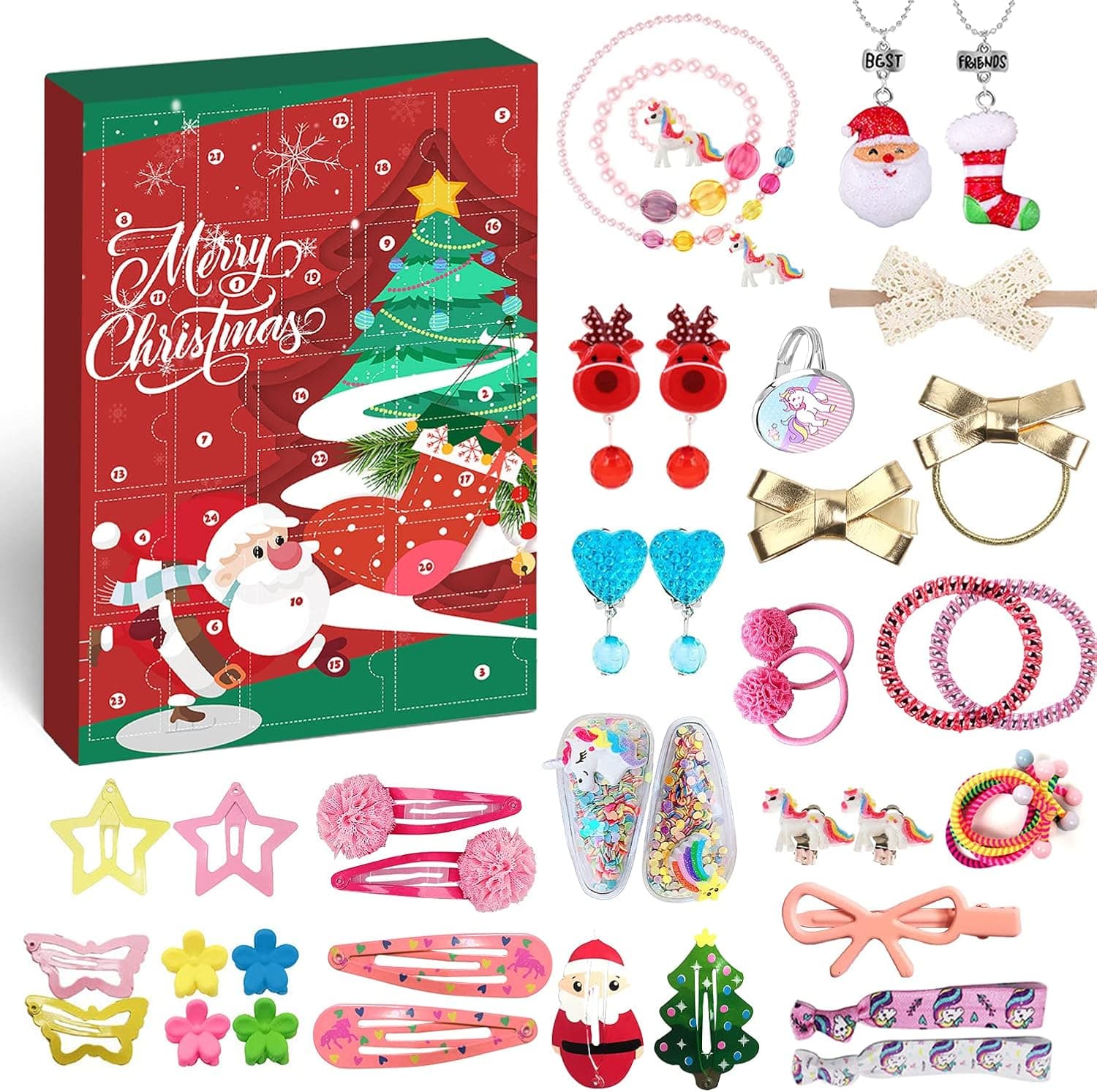 MOVINPE Hair Accessories Advent Calendar for Girls 2022 Christmas, Hair Clips Hair Scrunchies Barrettes Grosgrain Ribbon Bow Alligator Clips, 24 Days Countdown Surprise Gifts for Daughter Teens Girl
