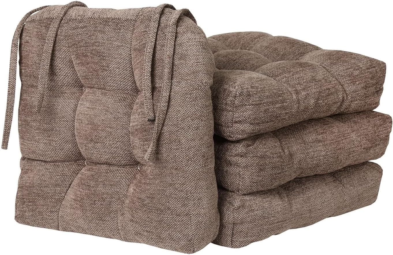 HOME DISTRICT Chair Cushions for Dining Chairs 4 Pack, Tufted Chair Pads with Ties, Non Slip Seat Cushions for Kitchen Chairs, 15 Inch X 15 Inch - Chocolate