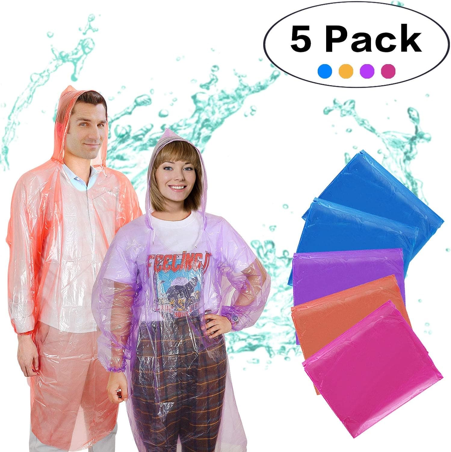 HnuuFmoo Rain Poncho Raincoat for Adults Disposable, 5 Pack- Ponchos Raincoat for Men Women, Extra Thick Emergency Waterproof Family Rain Gear for Disney, Travel, Camping, Hiking, Festivals