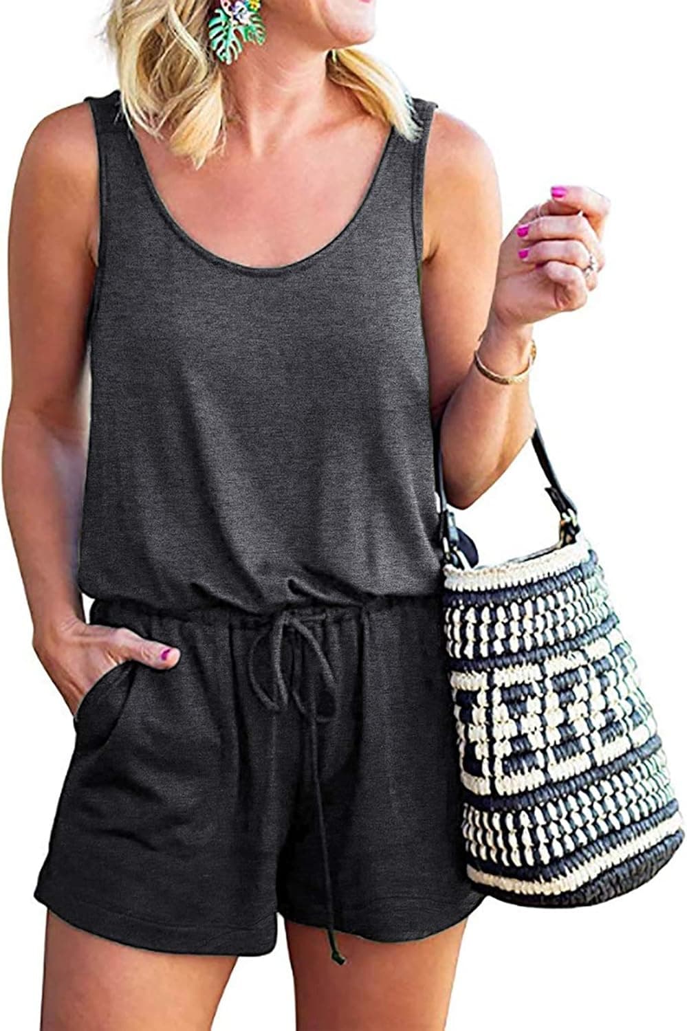 KIRUNDO 2023 Women's Casual Striped Sleeveless Jumpsuits Crewneck Tie Waist Tank Top Short Romper Pajama with Pockets