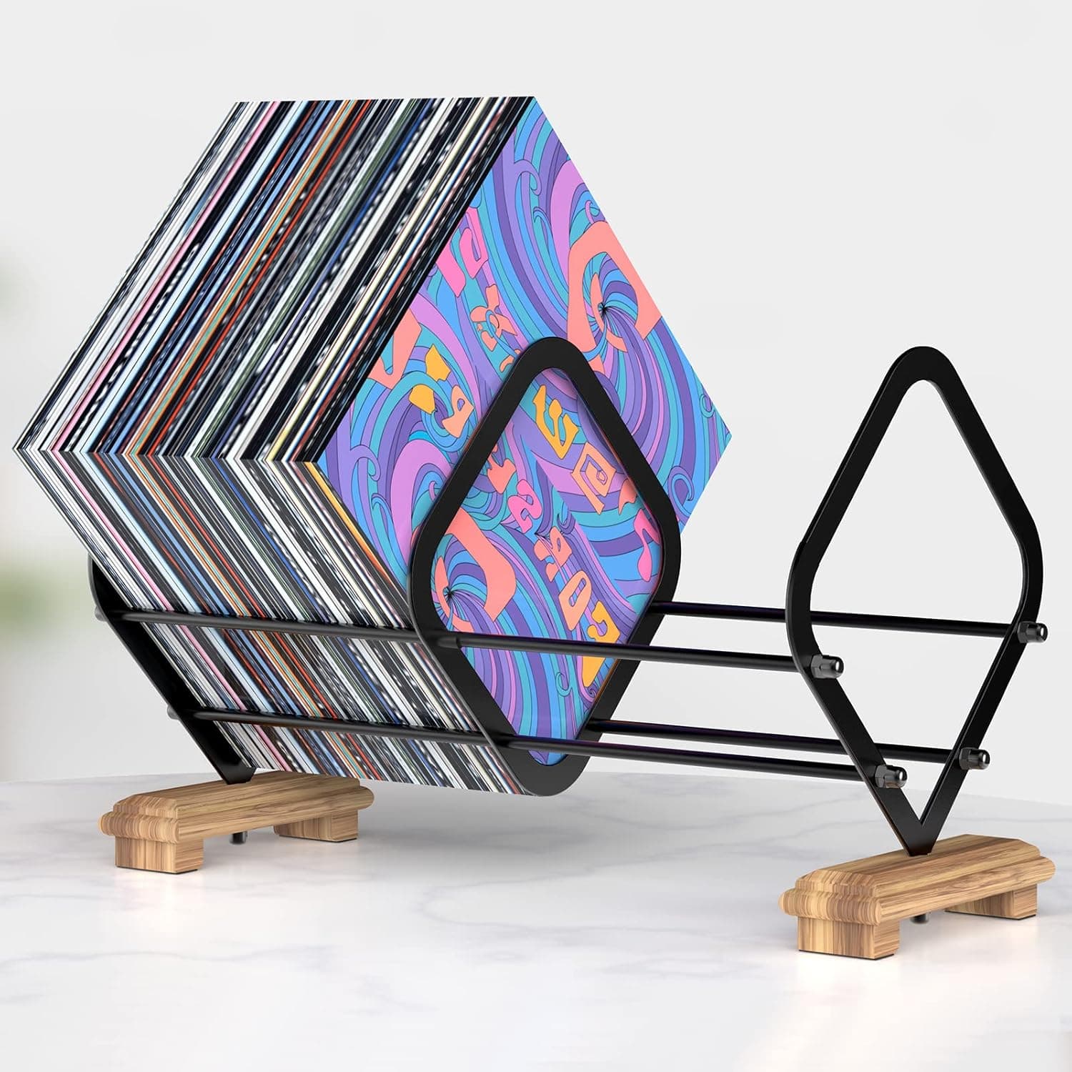 Canyave Vinyl Record Storage Holder, Vinyl Record Organizer Display Rack Up to 80 LPs Capacity Metal Structure with Wooden Base Record Holder Stand