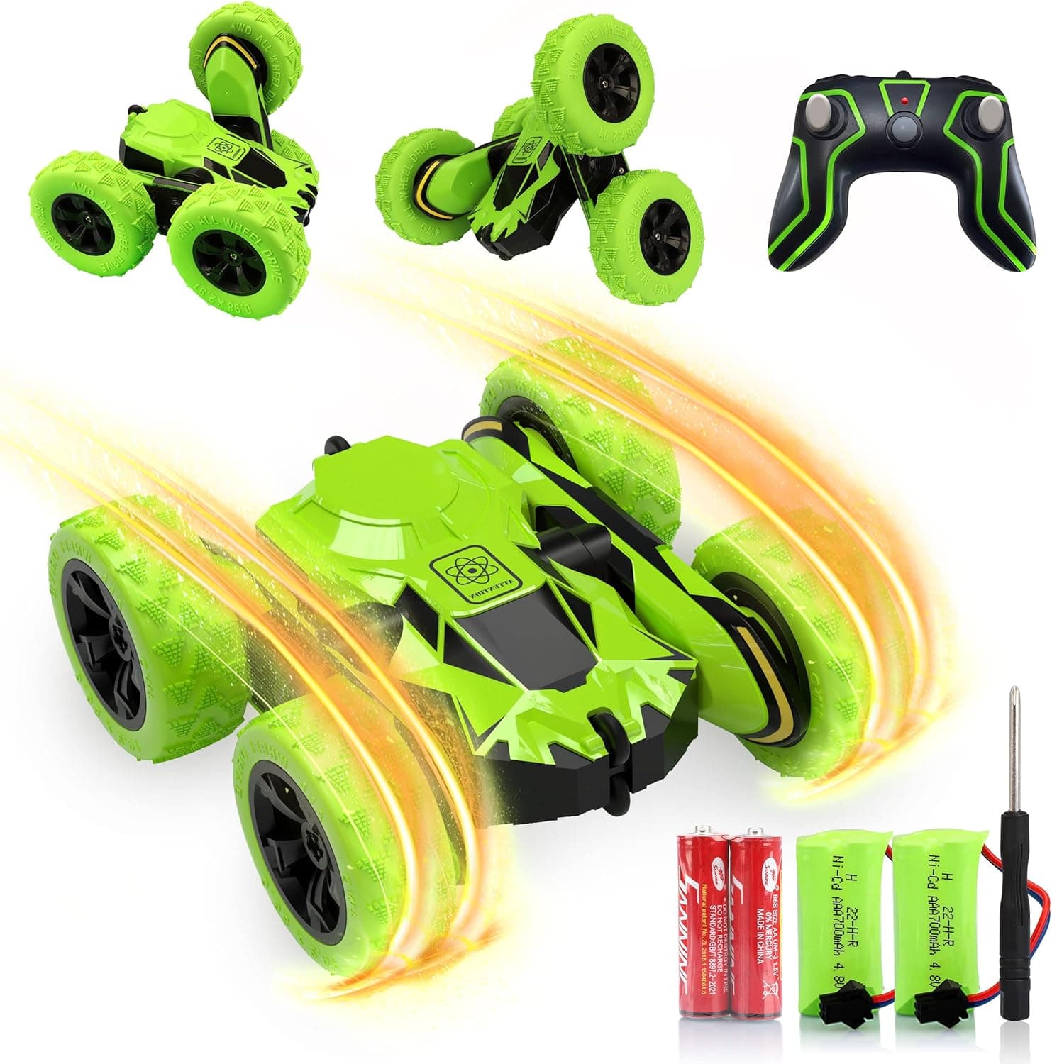 Remote Control Car, AEROQUEST RC Cars Stunt Car Toy, 4WD 2.4Ghz Double Sided 360° Rotating RC Car with Headlights, Kids Xmas Gift Toy Cars for Boys/Girls Ages 6+ (Green)