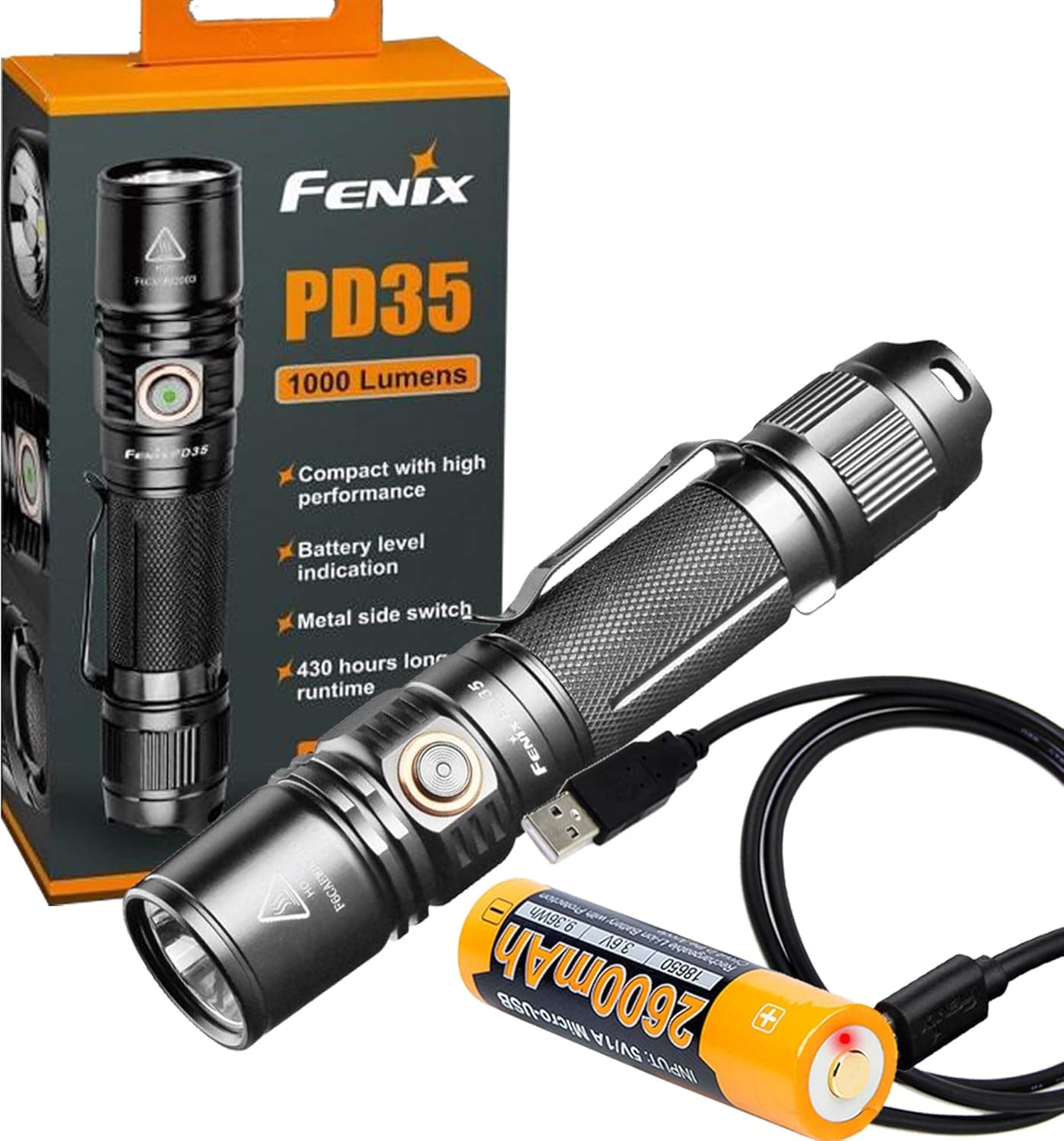 Fenix PD35 V2.0 1000 Lumen LED Flashlight Built-in USB Rechargeable & LumenTac Charging Cable