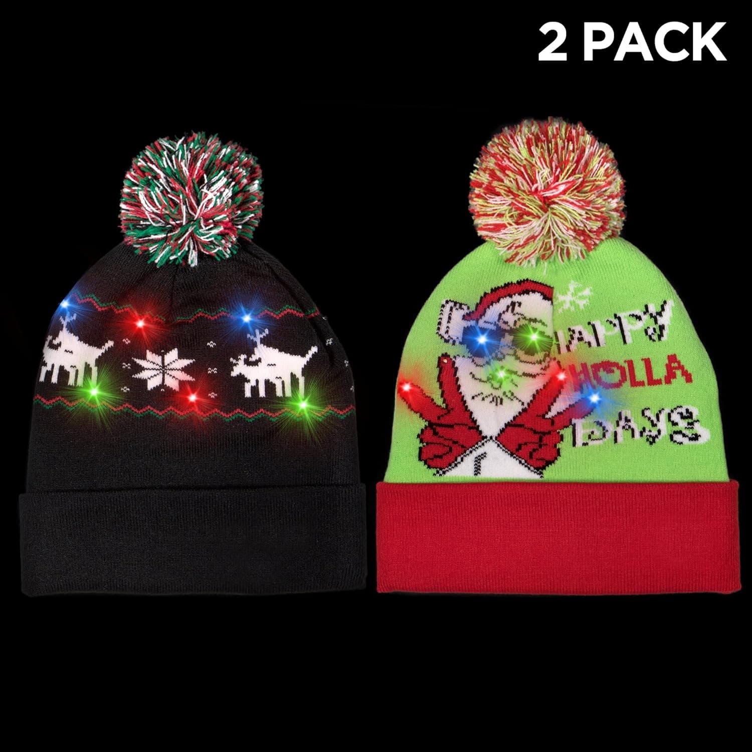 Windy City Novelties (2 Pack LED Light-up Festive Knitted Holiday Xmas Beanie Hat