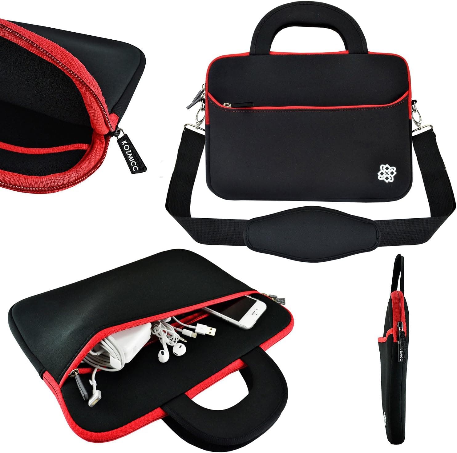 KOZMICC 11.6 - 12" inch Laptop Neoprene Shoulder Strap Messenger Sleeve Case Bag Handle Pocket for Apple Macbook Air Pro, Chromebook, Dell, HP, Samsung [Up to 11" x 6" x 1.5" Inch] (Black / Red)