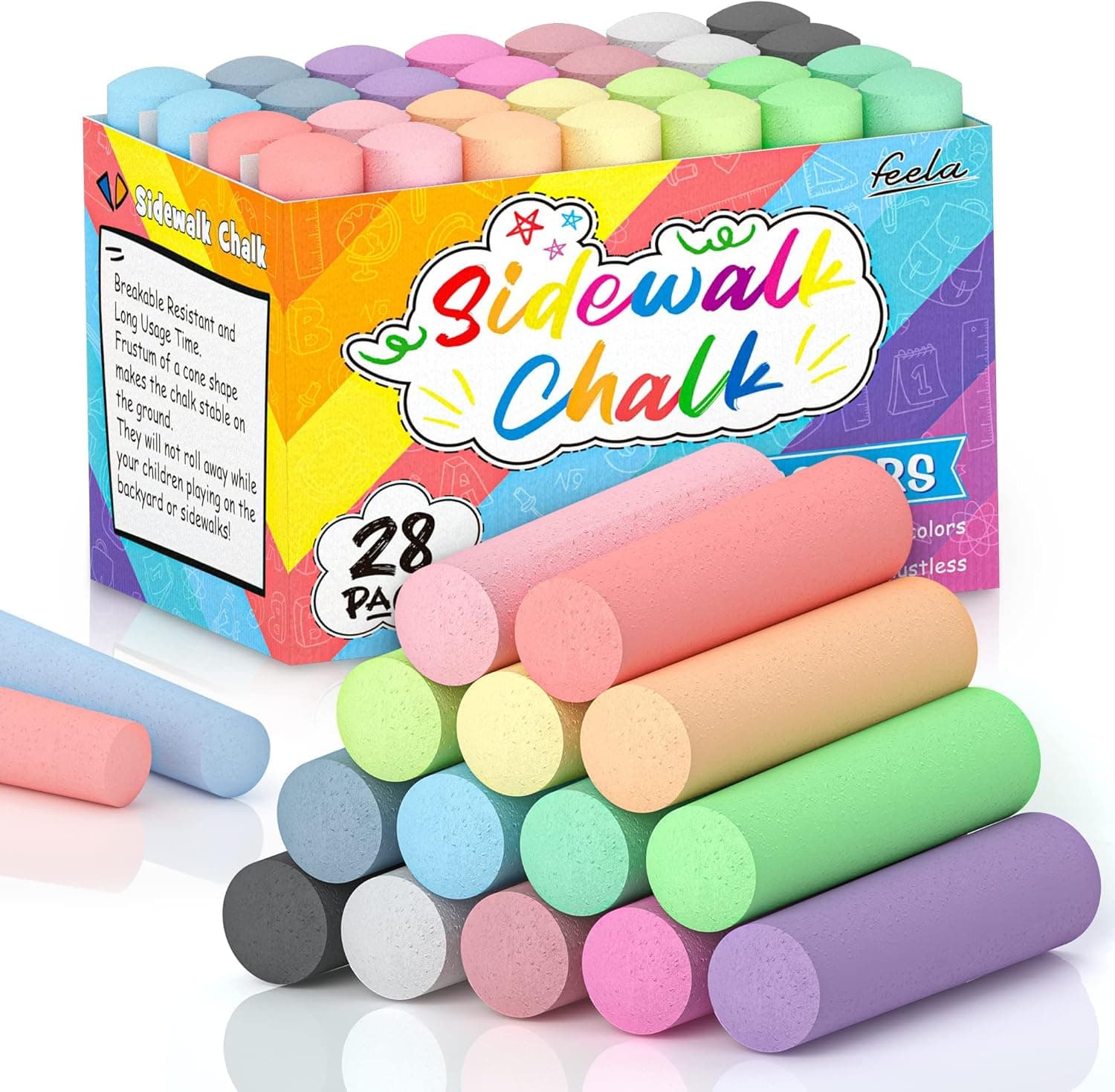 feela Sidewalk Chalk, 28 Pack Jumbo Sidewalk Chalk Bulk, Kids Non-Toxic Outdoor Chalk Set School Blackboard Playground, 14 Colors, 4.1"