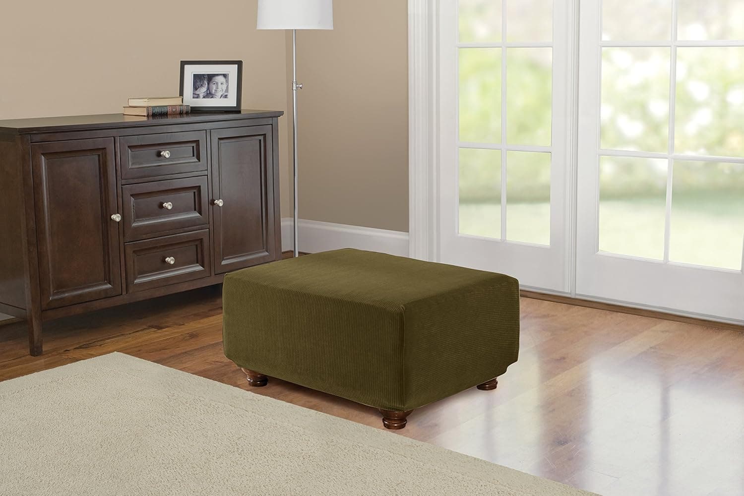 SureFit Stretch Fine Corduroy Ottoman Slipcover - Green Artichoke(36829)