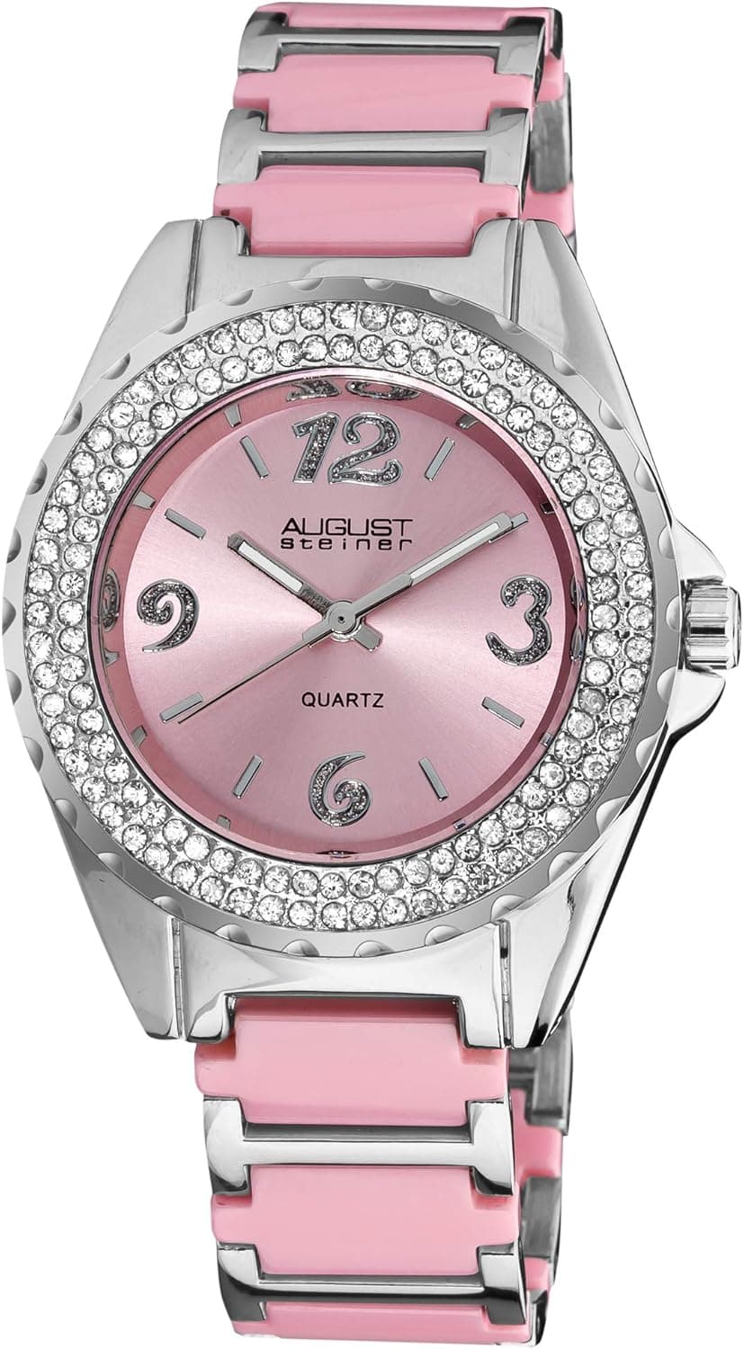 August Steiner Women's Crystal Accented Watch - Two Rows Genuine Crystals On Bezel On Ceramic Bracelet Watch - AS8036