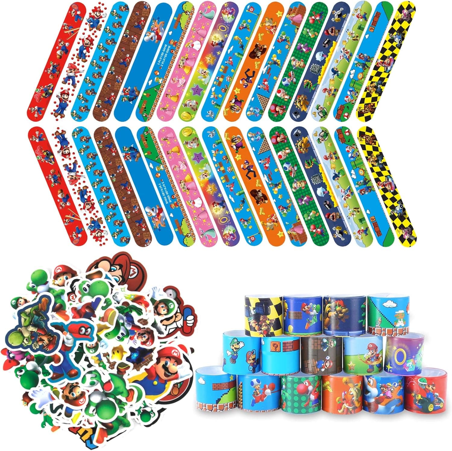 HHMJZW 32PCS Mario Bros Slap Bracelet Toys and 50 PCS cartoon Mario Bros party stickers carnival prizes - Mario Slap Bracelet for Kids Boys & Girls Birthday Party Supplies Favors