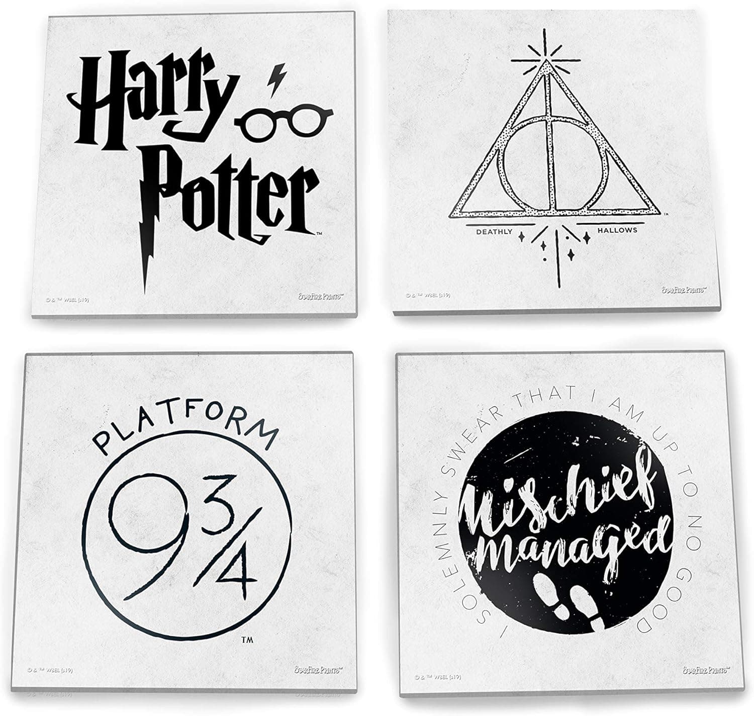 Harry Potter – Symbols – Set of Four 4” x 4” Glass Coasters - Platform 9 ¾ - Deathly Hallows – Marauder’s Map – Comes with Stylish Modern Wooden Coaster
