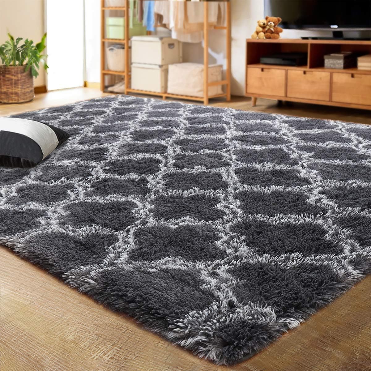 LOCHAS Luxury Shag Area Rug Modern Indoor Plush Fluffy Rugs, Extra Soft and Comfy Carpet, Geometric Moroccan Rugs for Bedroom Living Room Girls Nursery Kids Home 4x6 Feet Dark Grey/White