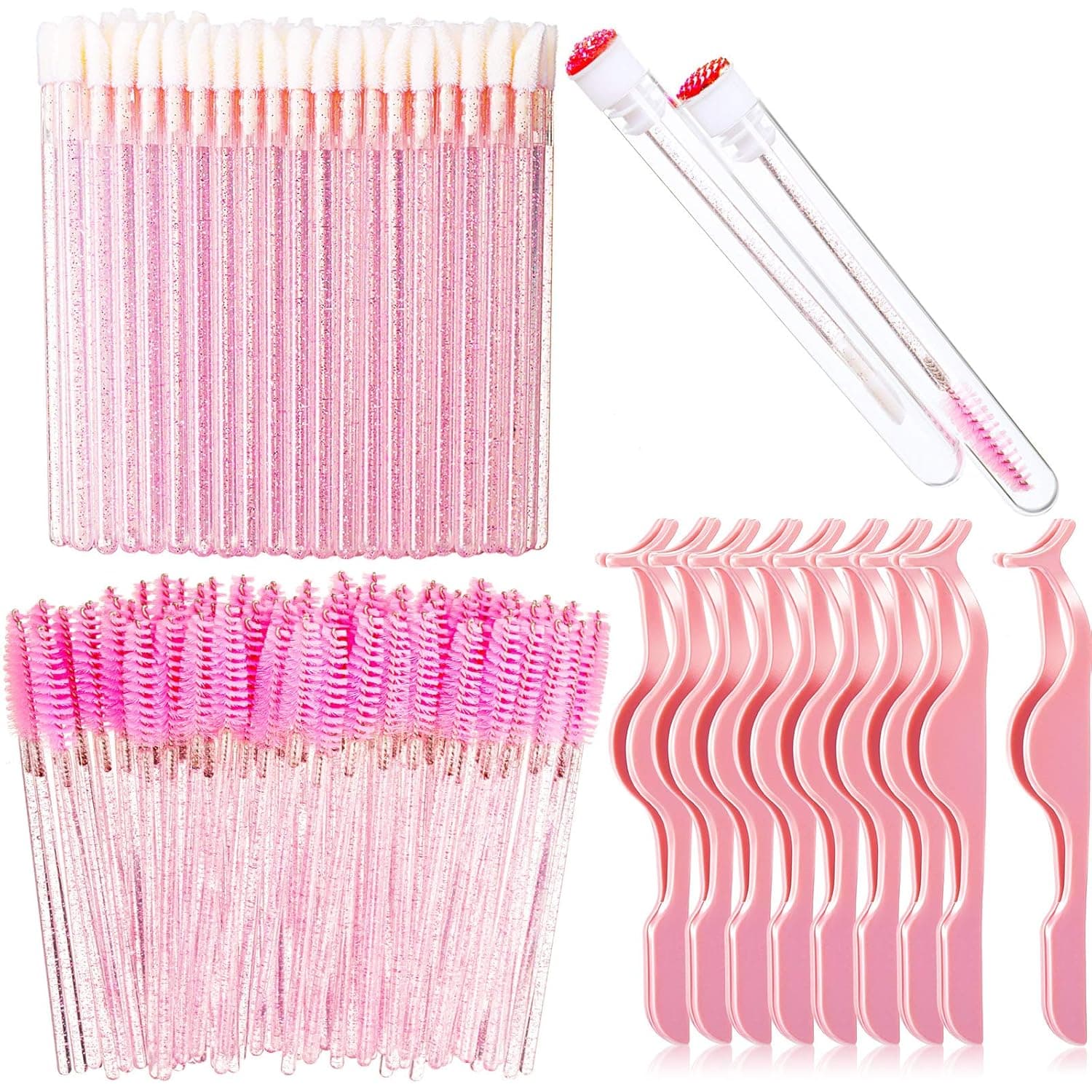 100 Pieces Crystal Eyelash Mascara Brush Bendable Mascara Brush Wand, 100 Glitter Crystal Lip Brush, 8 Plastic Eyelash Extension Tweezers and 2 Disposable Diamond Brush Tube for Makeup Tool