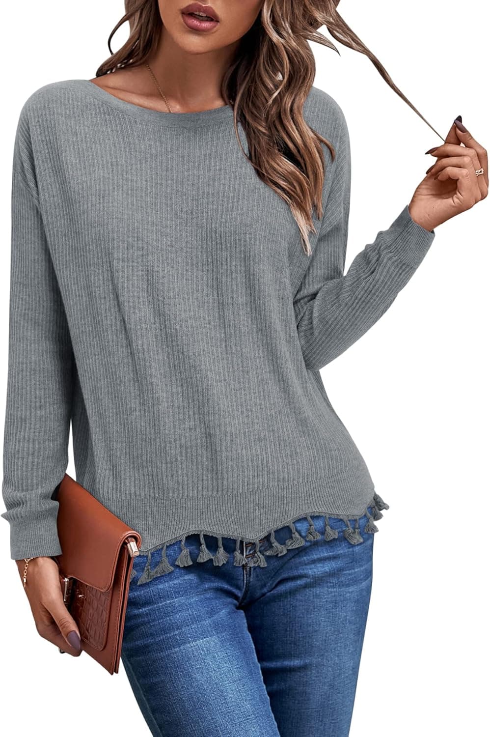 VOTEPRETTY Women's Boat Neck Fall Sweater 2022 Long Sleeve Tassel Solid Loose Casual Knit Pullover Tops