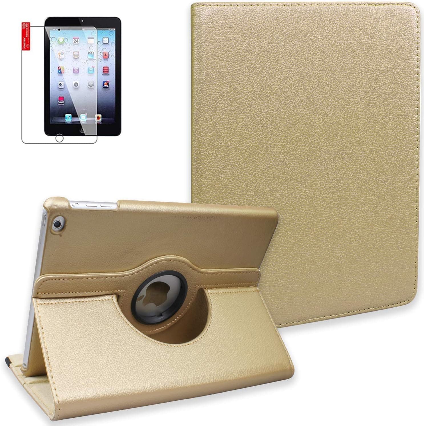 NEWQIANG iPad Air 1st Generation Case with Screen Protector - iPad 5th 6th Generation Case - 360 Degree Rotating Stand, Auto Sleep Wake, Shockproof - A1822 A1823 A1474 A1475 (Light Golden)